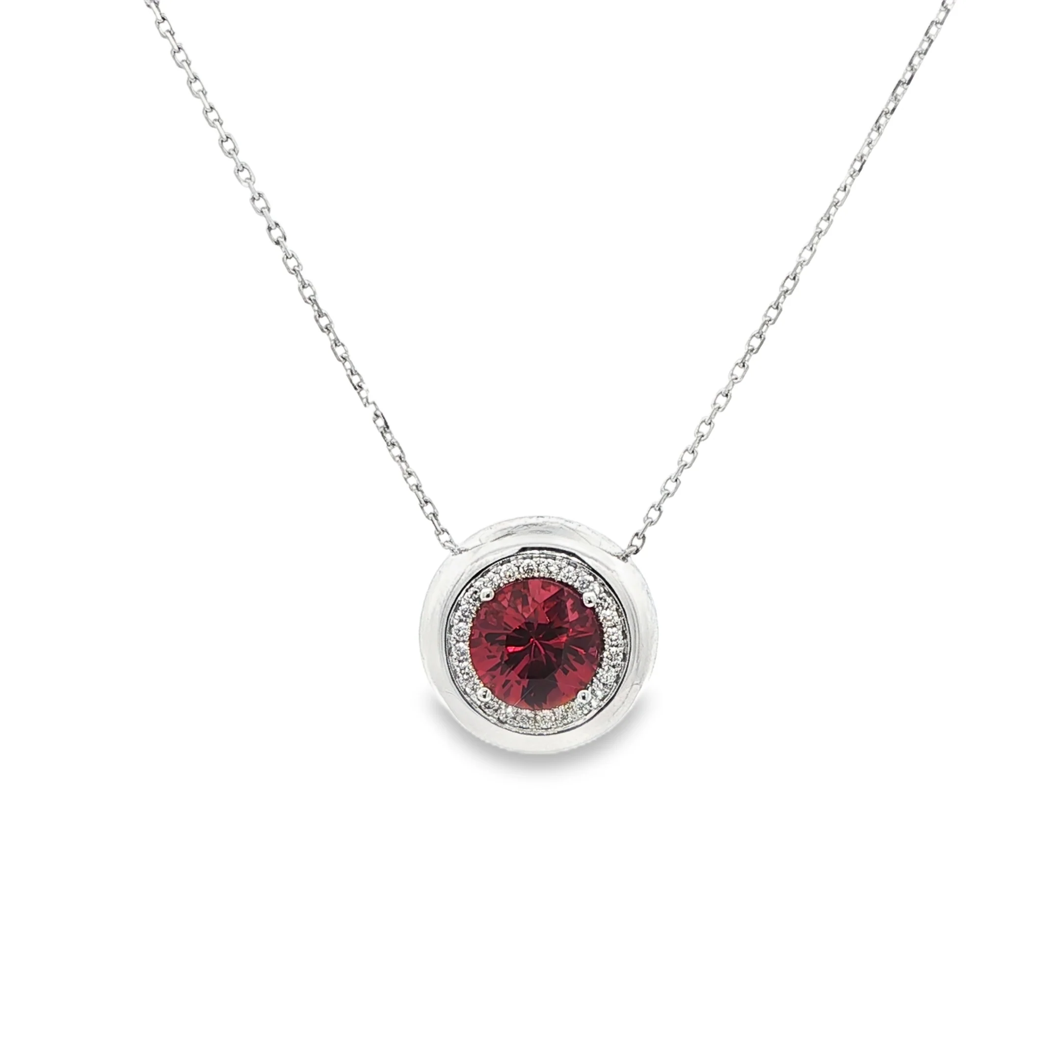 1.99CT Round Cut Red Spinel with 0.15CTW Diamond Halo Bezel Pendant set in 14K White Gold