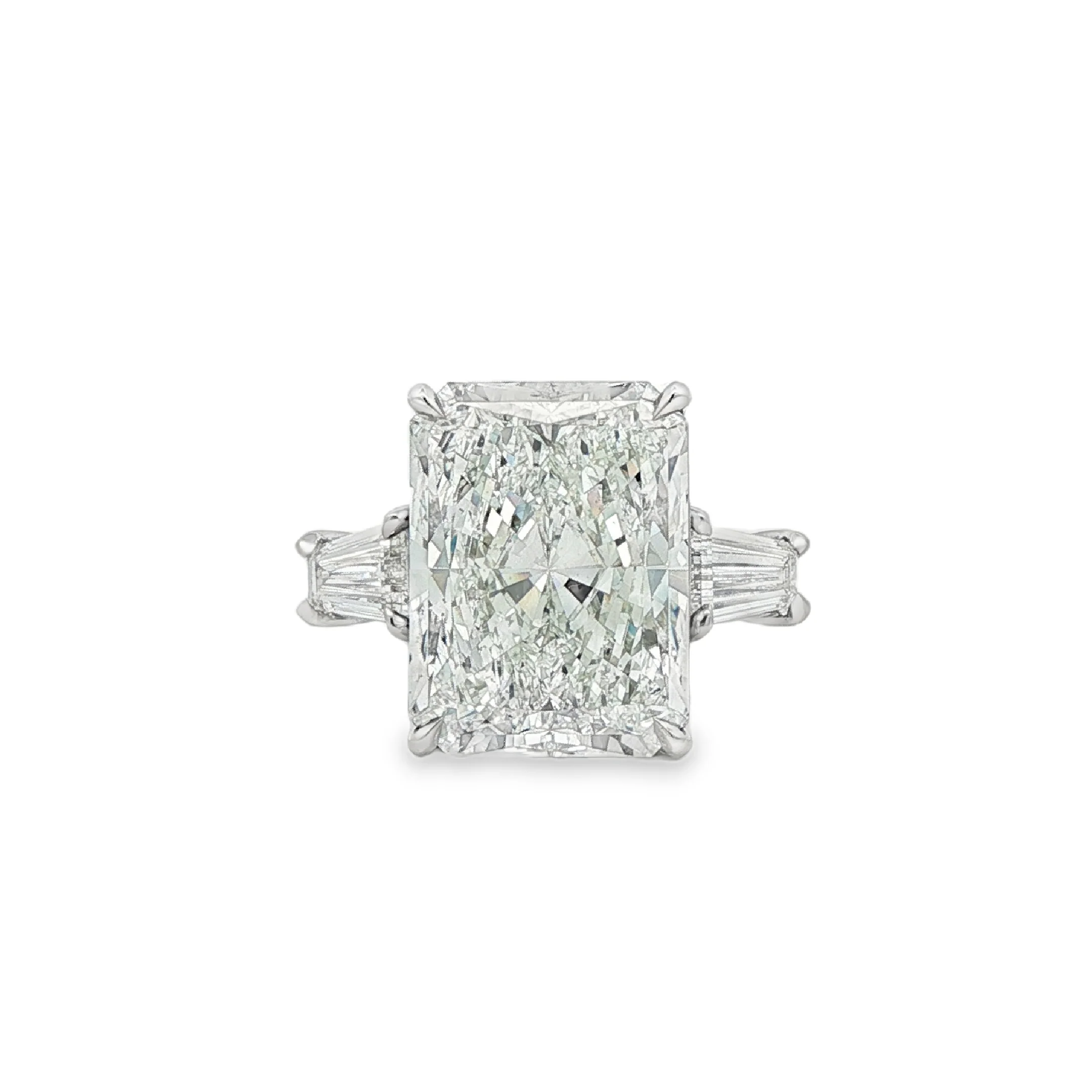 10.38 ct Radiant with Tapered Baguette Sides in Platinum Three-Stone Ring