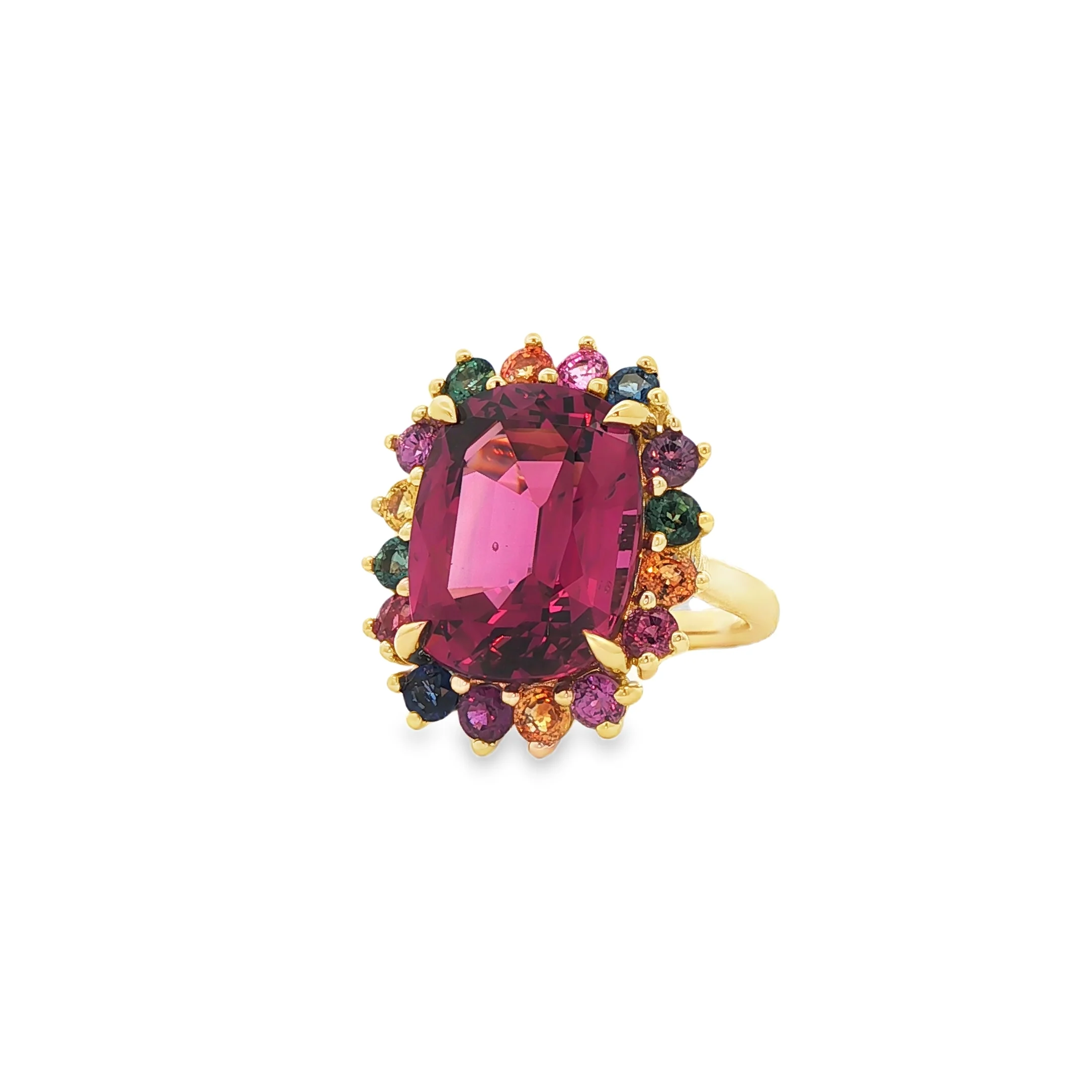 13.41CTW Magenta Garnet & 2.44CTW Mixed Sapphire Halo Ring in 18K Yellow Gold - Image 2