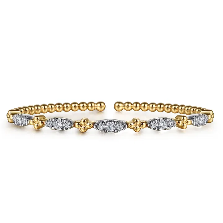 Gabriel & Co. 14K White Yellow Gold Bujukan Beads and Diamond Station Split Bangle Bracelet