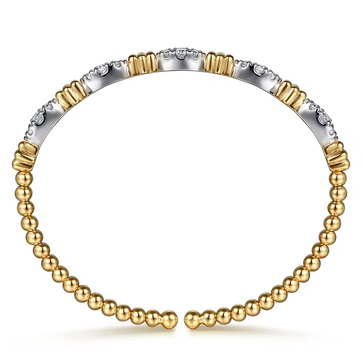 Gabriel & Co. 14K White Yellow Gold Bujukan Beads and Diamond Station Split Bangle Bracelet - Image 2