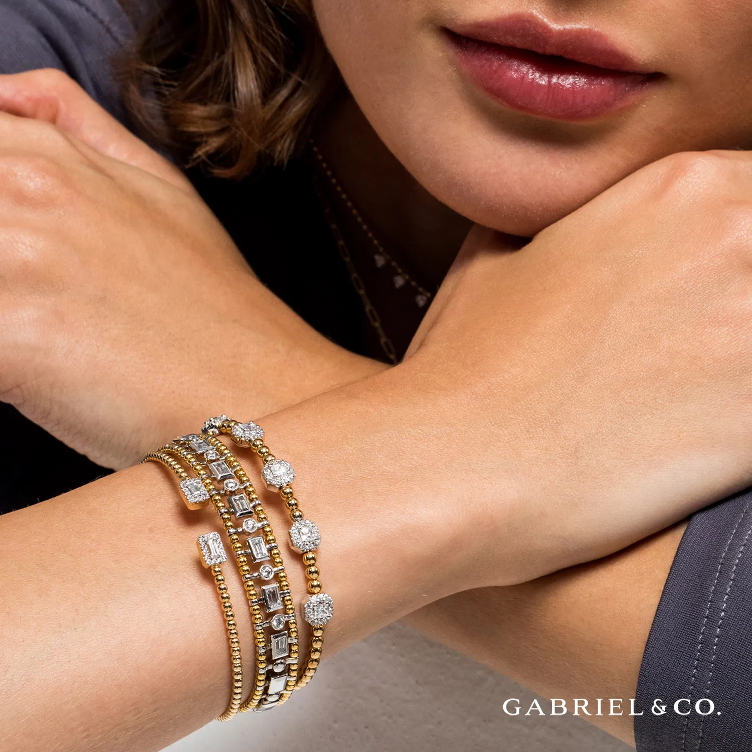 Gabriel & Co. 14K Yellow Gold Bujukan Open Cuff Bracelet with Diamond Baguettes - Image 2