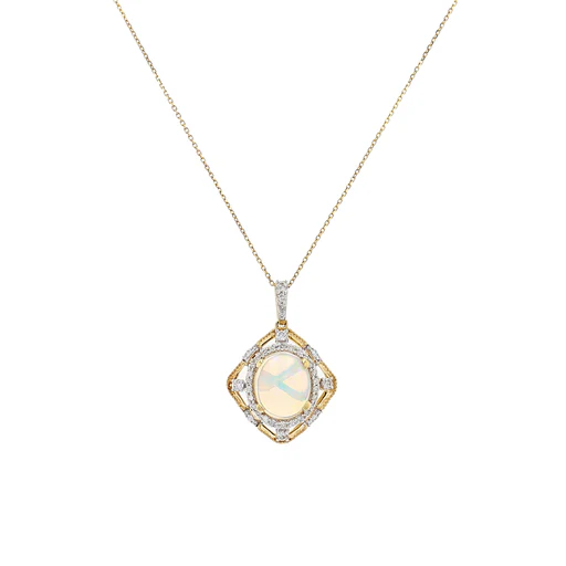 14K Yellow Gold Opal & Diamond Milgrain Pendant Necklace 3.39TGW