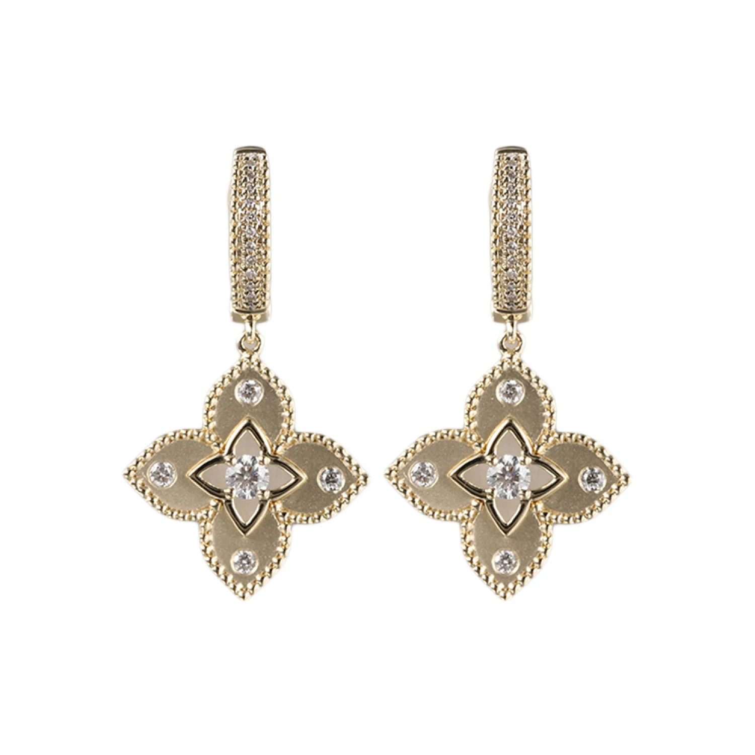 14K Yellow Gold Quatrefoil Diamond Huggie Hoop Dangle Earring (0.33CTW)