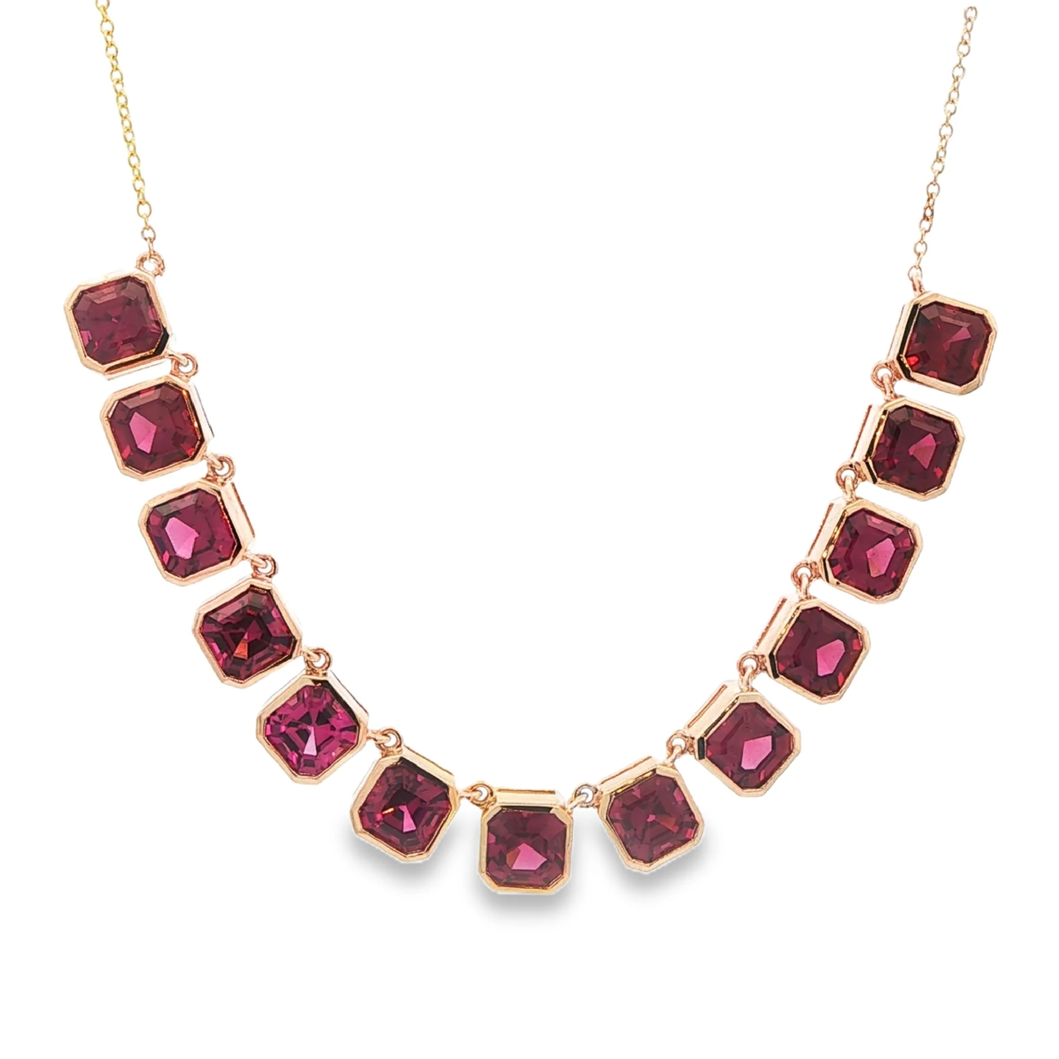 15.47CTW Asscher Cut Rhodolite Garnet Bezel Station Necklace set in 14K Yellow Gold