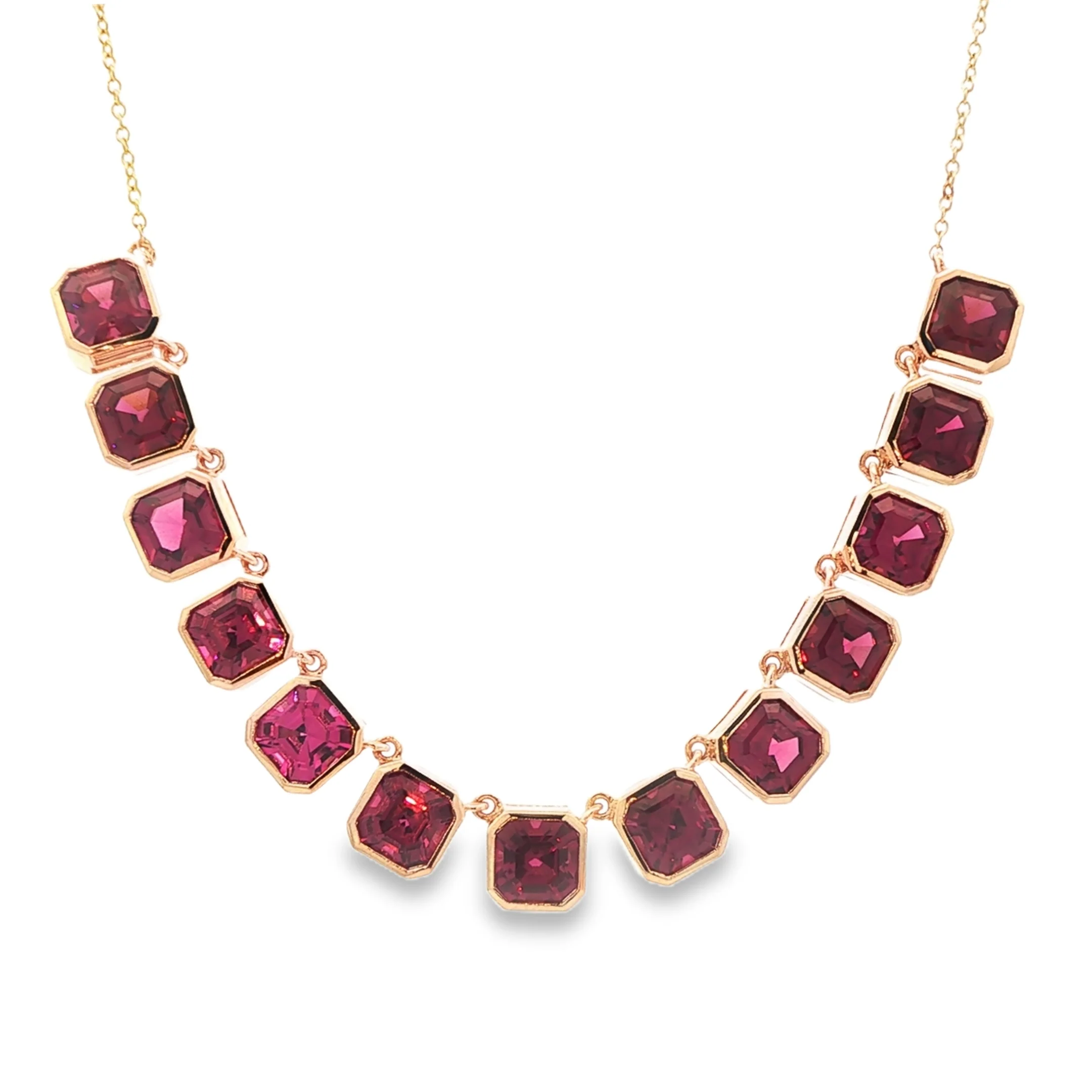 15.47CTW Asscher Cut Rhodolite Garnet Bezel Station Necklace set in 14K Yellow Gold - Image 2
