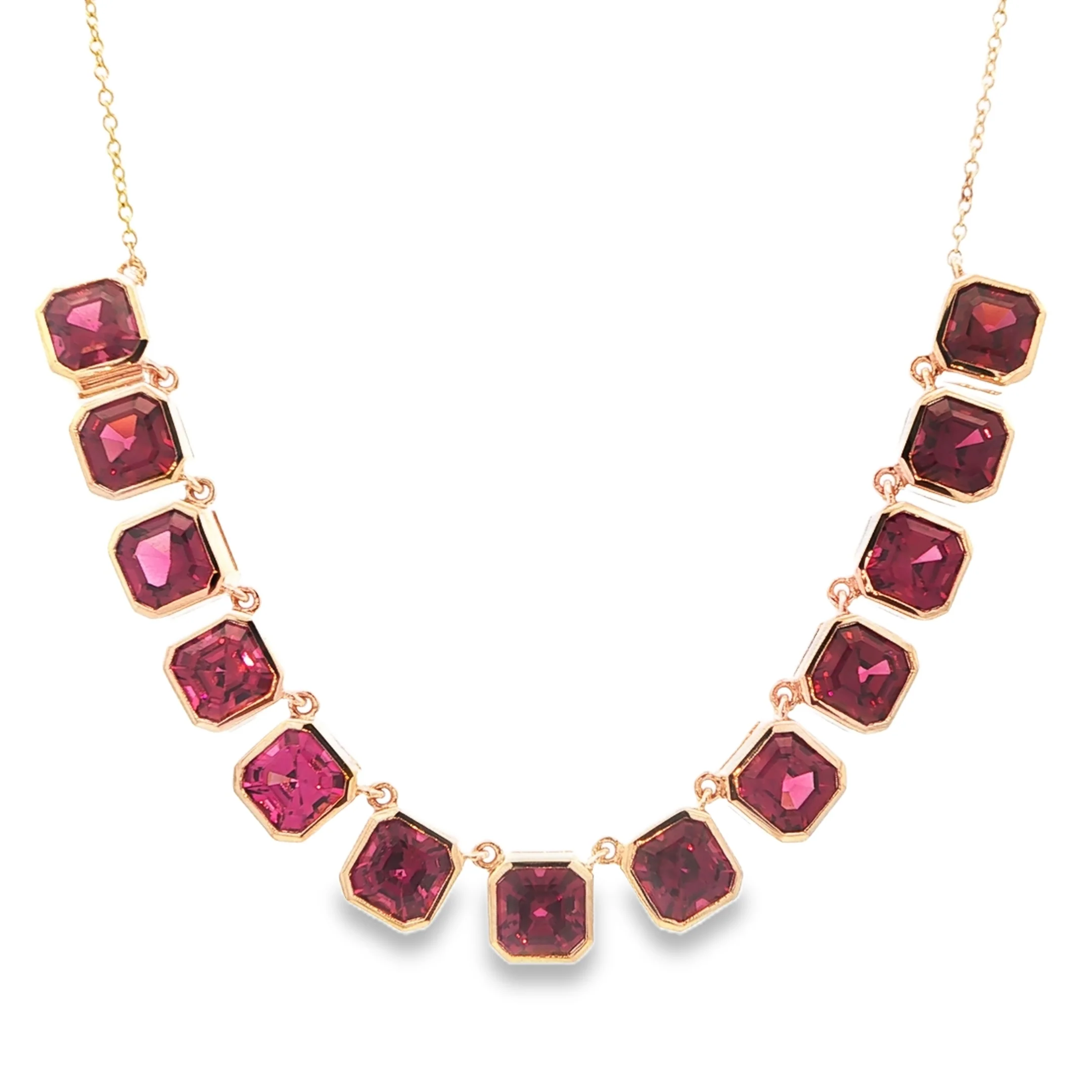 15.47CTW Asscher Cut Rhodolite Garnet Bezel Station Necklace set in 14K Yellow Gold - Image 4