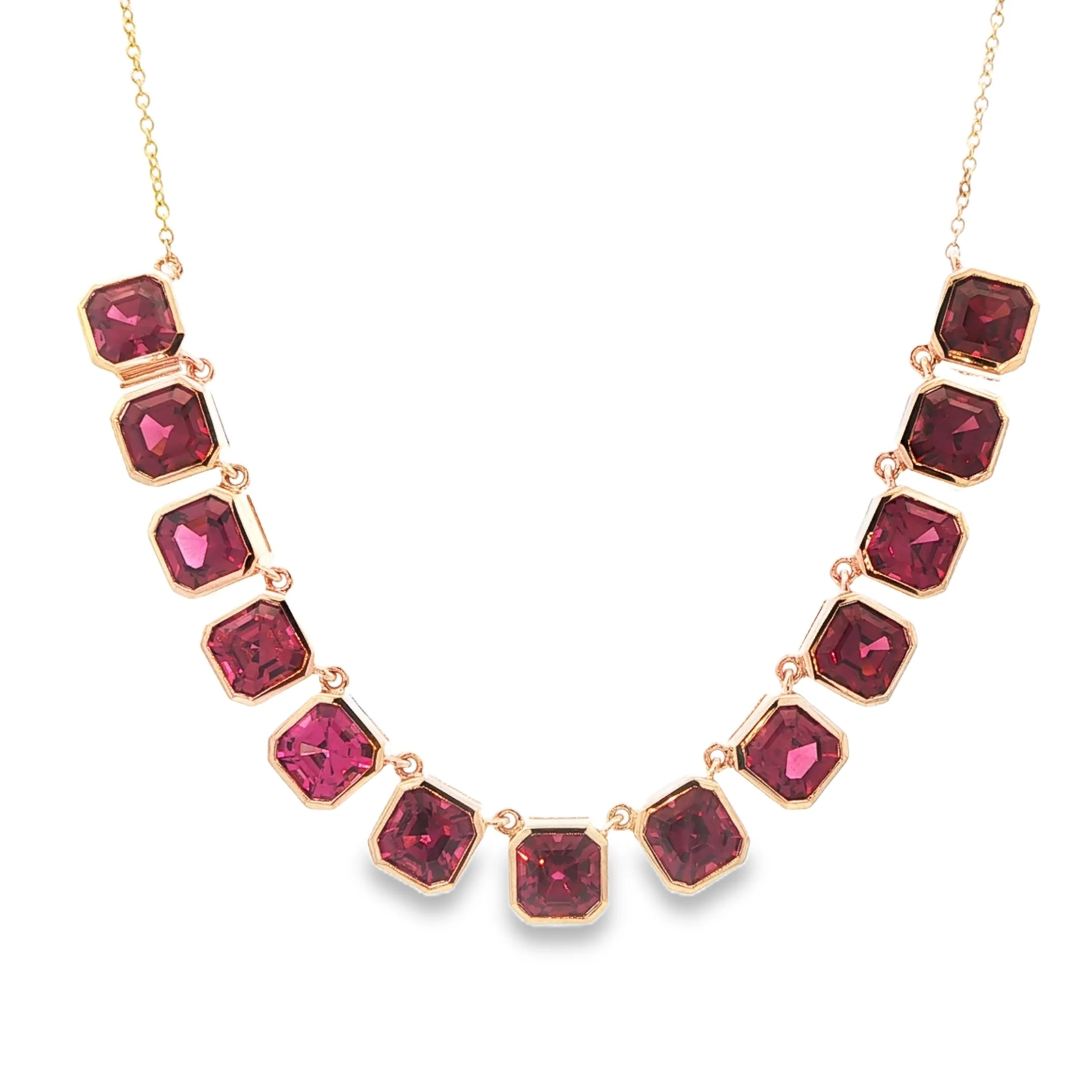 15.47CTW Asscher Cut Rhodolite Garnet Bezel Station Necklace set in 14K Yellow Gold - Image 5