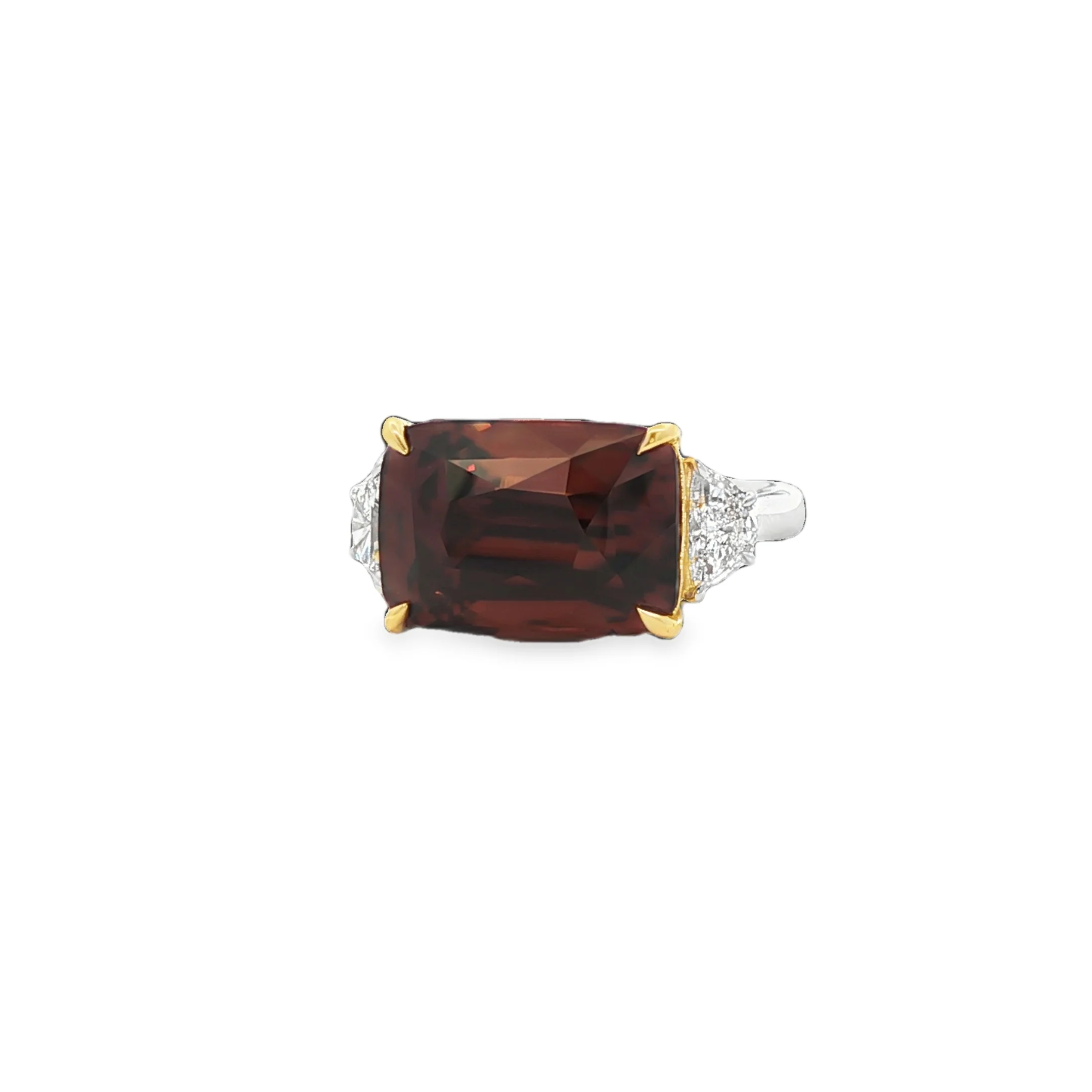 16.56 Cushion Cut Orange Zircon with .61CTW FG/VS1-2 Half Moon 3 Stone Cocktail Ring set in Platinum & 18K Yellow Gold - Image 2