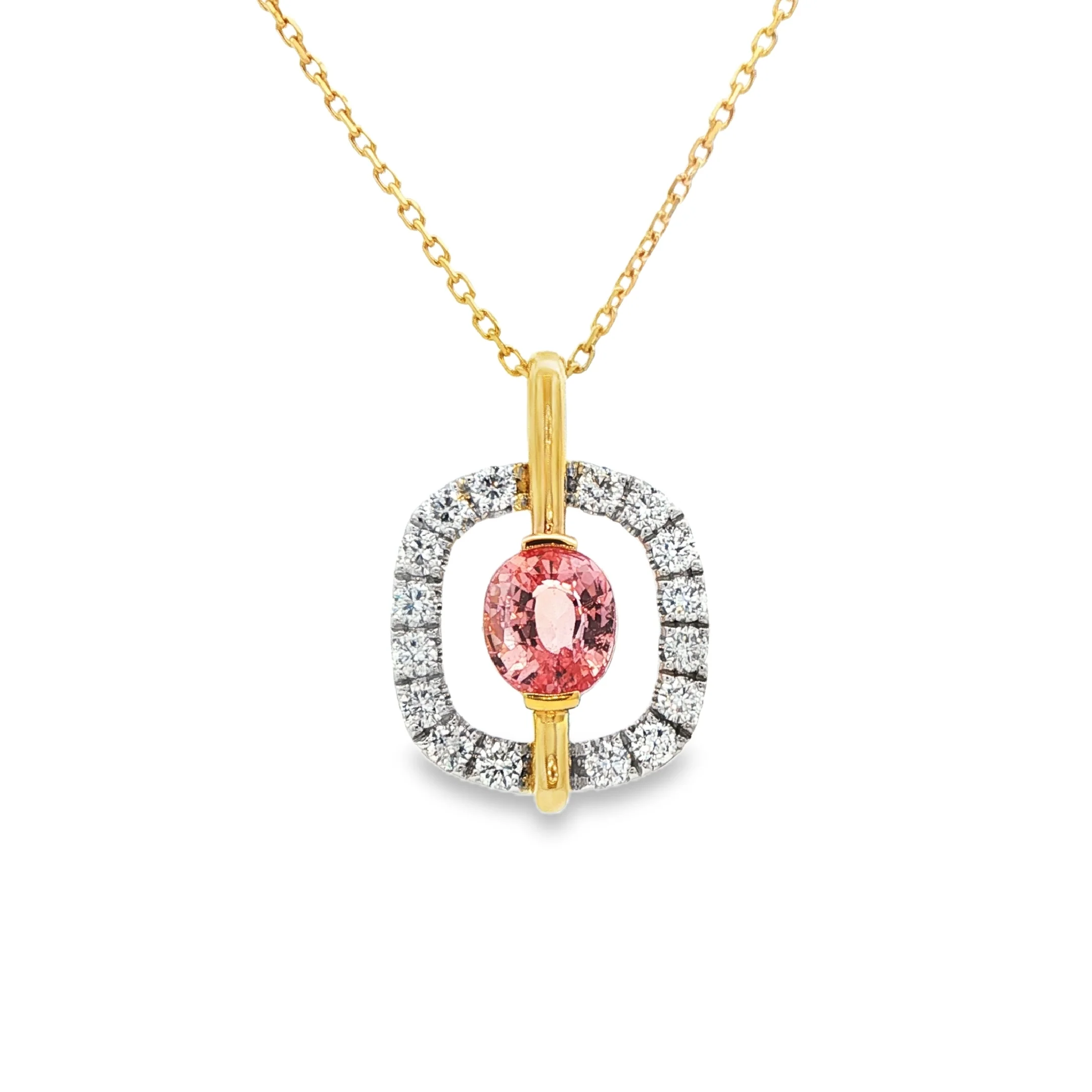 2.01CT Cushion GIA Padparadscha HEATED with .70CTW Open Square Pendant & Chain set in Platinum & 18K Yellow Gold
