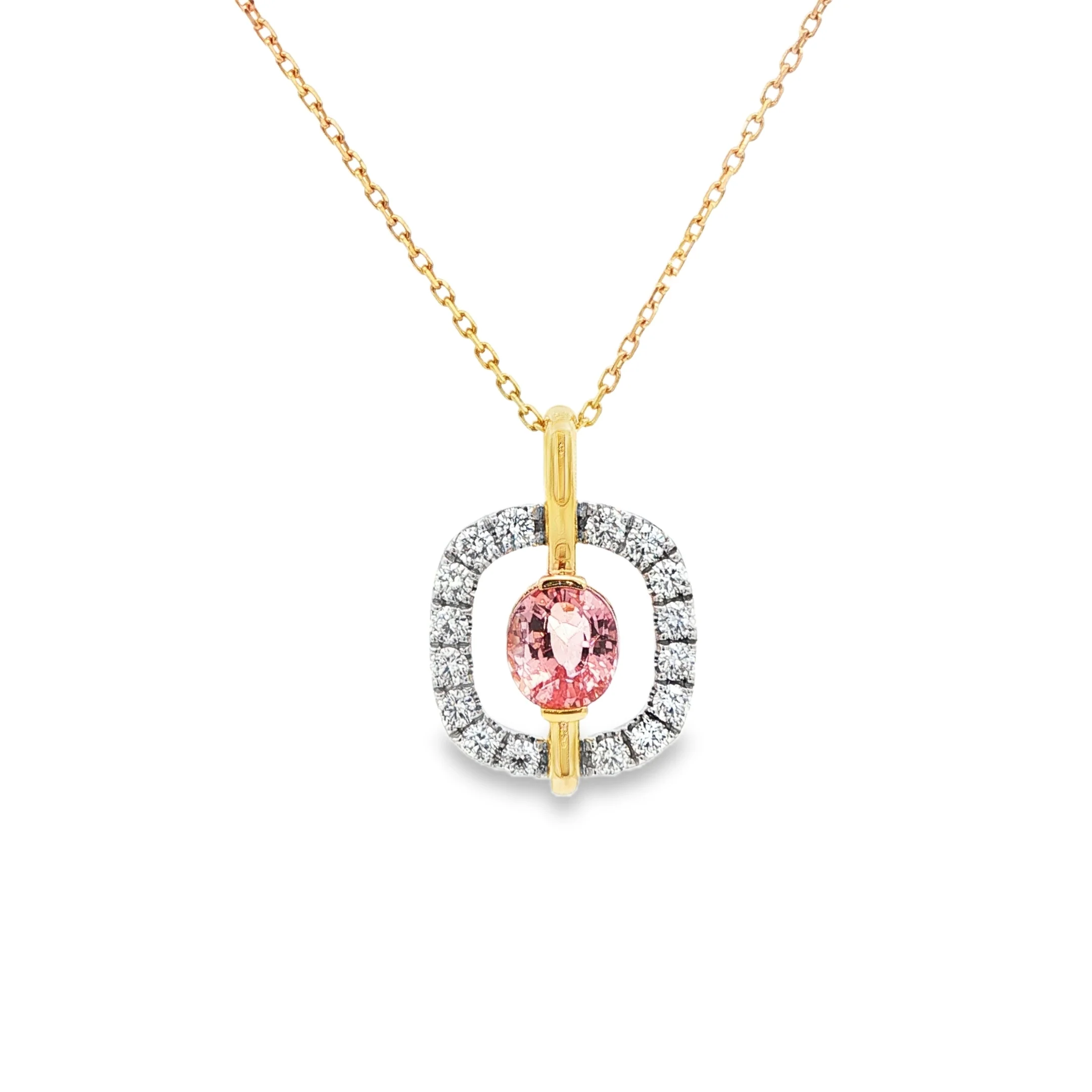 2.01CT Cushion GIA Padparadscha HEATED with .70CTW Open Square Pendant & Chain set in Platinum & 18K Yellow Gold - Image 2