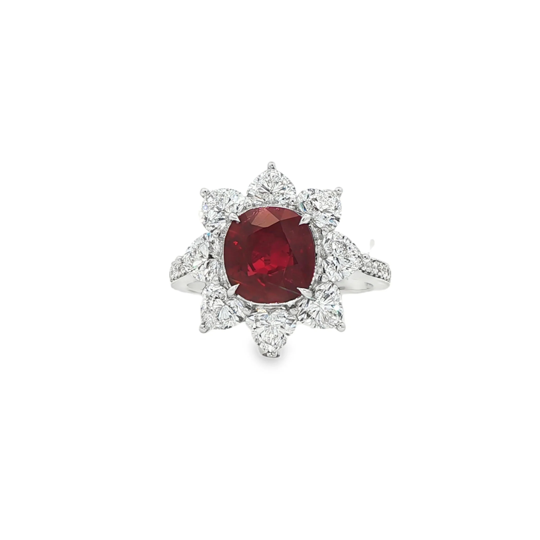 2.55CT Oval Cut Ruby with 2.16CTW Round Diamond Halo Ring set in 18K White Gold