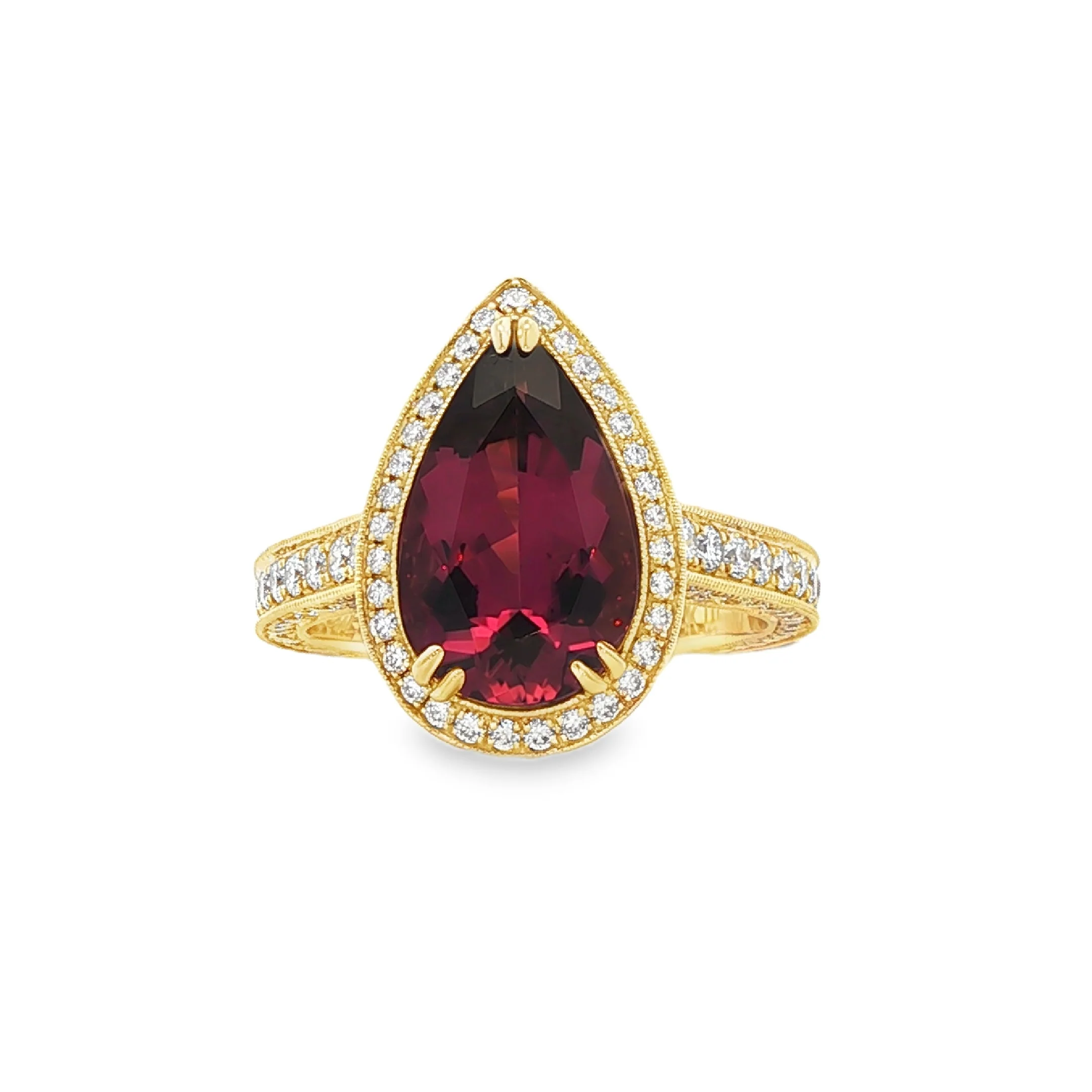 3.00CT Pear Shaped Rubellite Tourmaline with 1.30CTW Diamond Halo Ring set in 18K Yellow Gold - Image 2