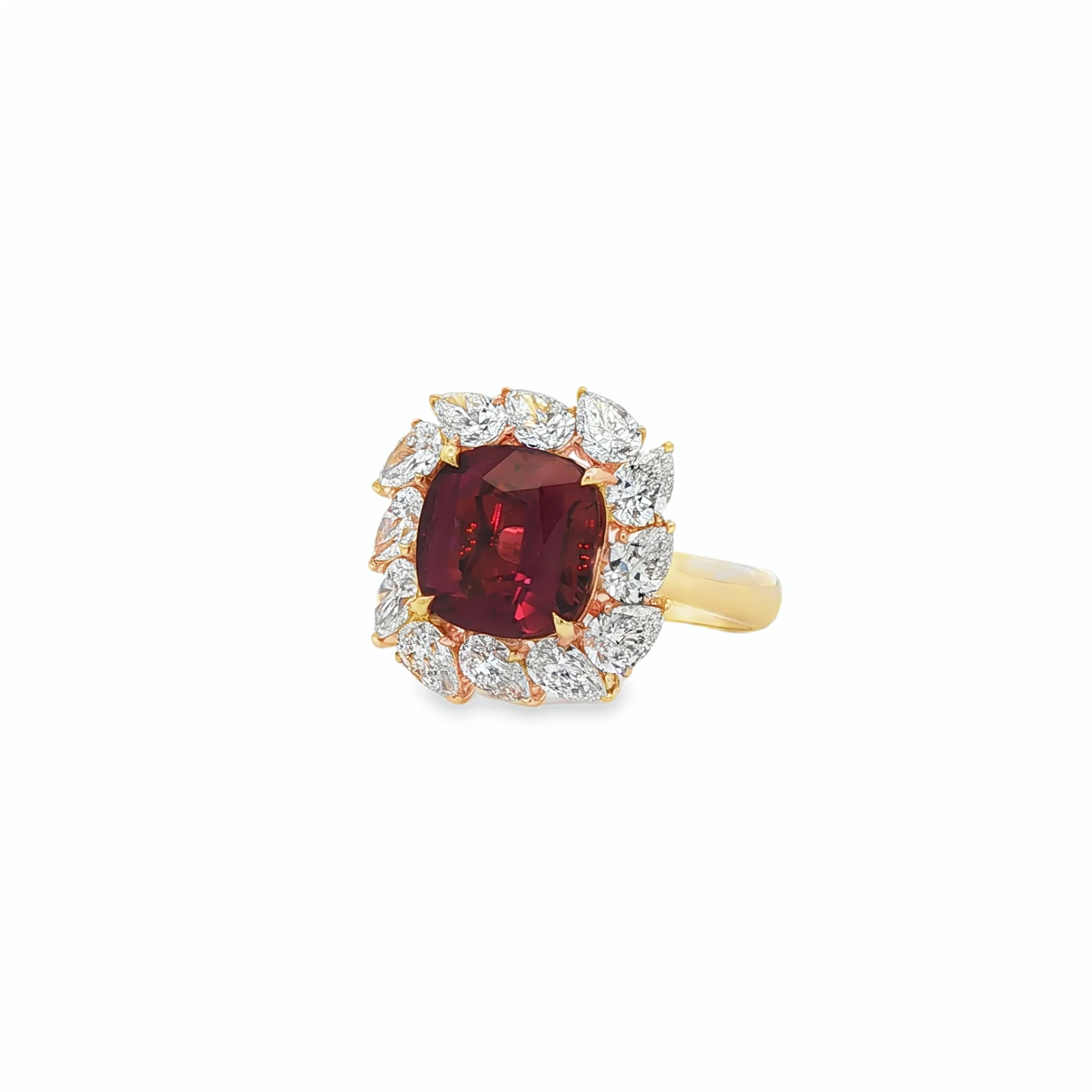 3.16CTW Cushion Cut Rubellite with 1.68CTW Pear Cut Diamond Halo Cocktail Ring set in 18K Yellow Gold - Image 2