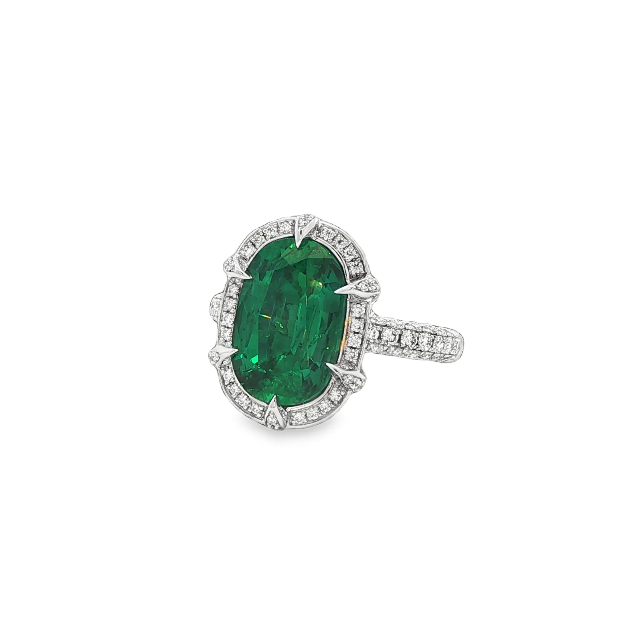 3.60CT Oval Cut Dunaigre Zambia Emerald with .82CTW Diamond Halo Cocktail Ring set in Platinum - Image 3