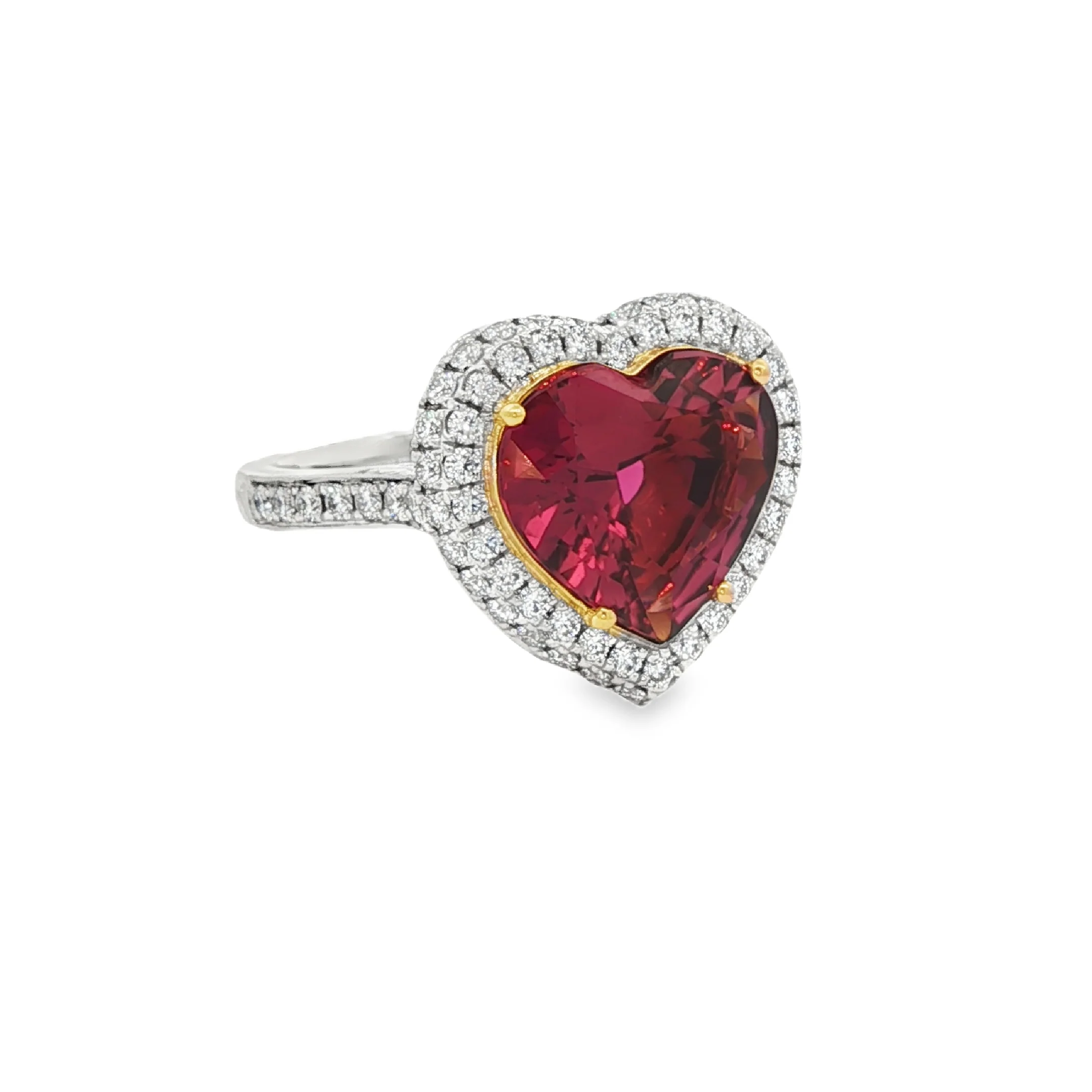 3.68CTW Heart-Shaped Rubellite Tourmaline .71CTW Diamond Halo Cocktail Ring set in Platinum & 18K Yellow Gold - Image 2