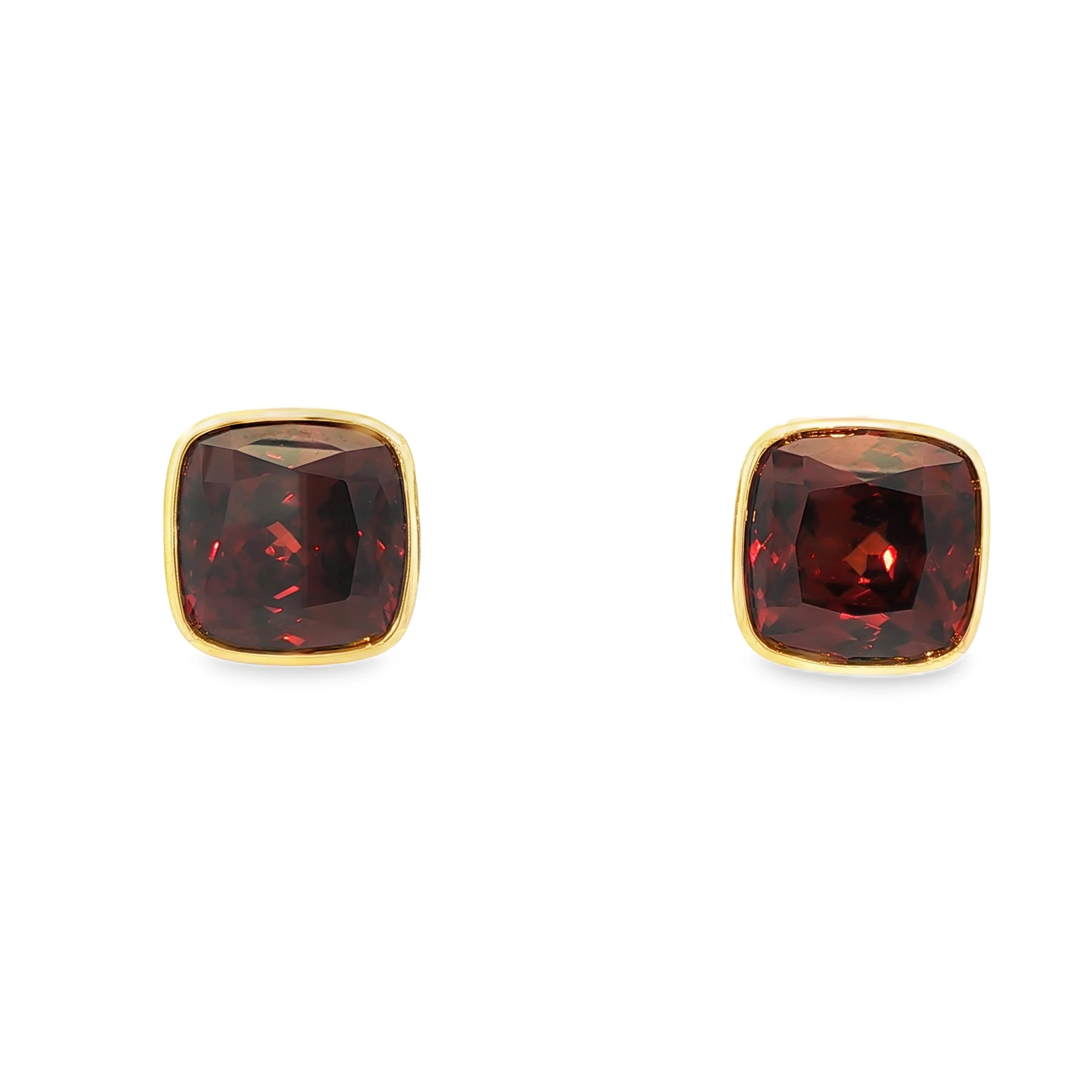 39.13CTW Square Cut Red Zircon Bezel-Set Earrings set in 14K Yellow Gold