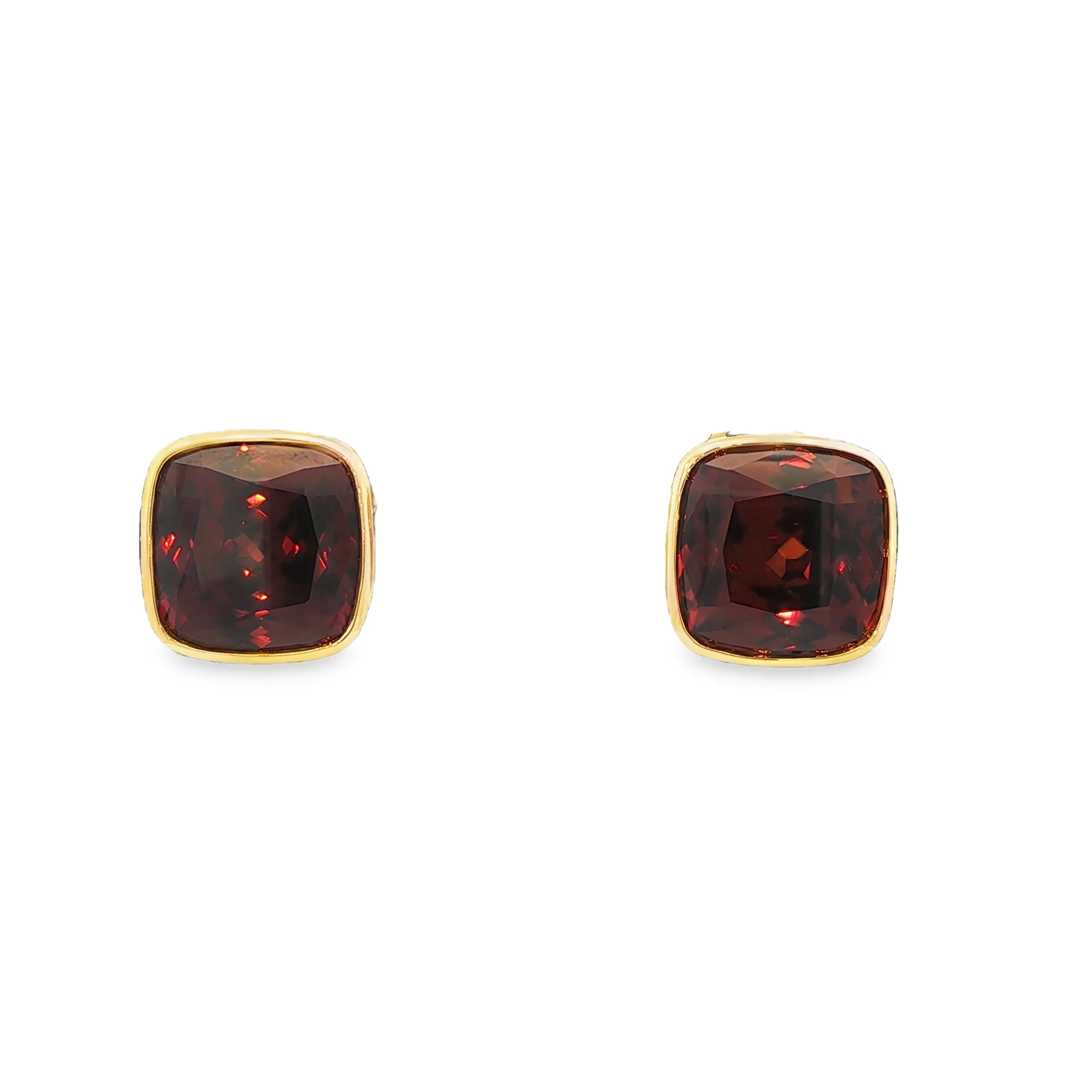 39.13CTW Square Cut Red Zircon Bezel-Set Earrings set in 14K Yellow Gold - Image 2