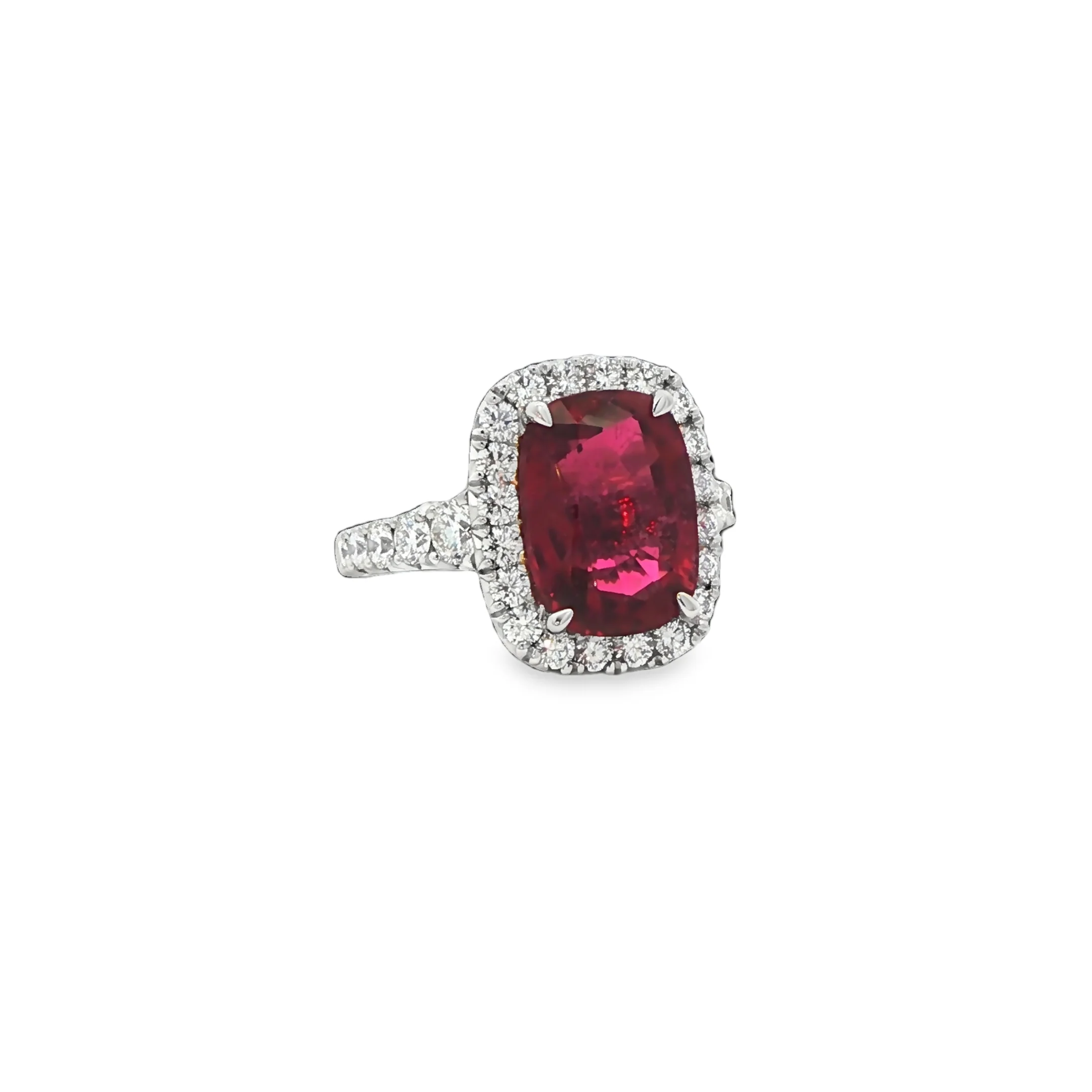 4.00CTW Rubellite 1.29CTW G/SI Cushion Ring set in 18K White Gold - Image 2