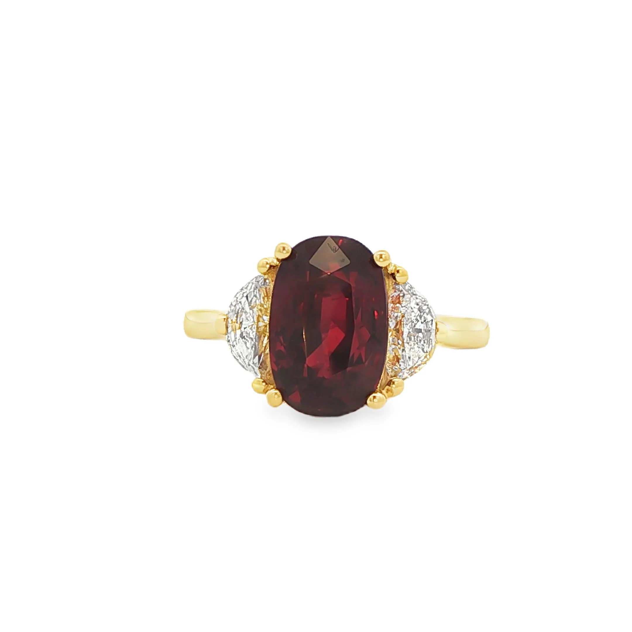 5.02CT Oval Cut Ruby with 0.75CTW Half Moon Diamond Ring set in 18K Yellow Gold - Image 3