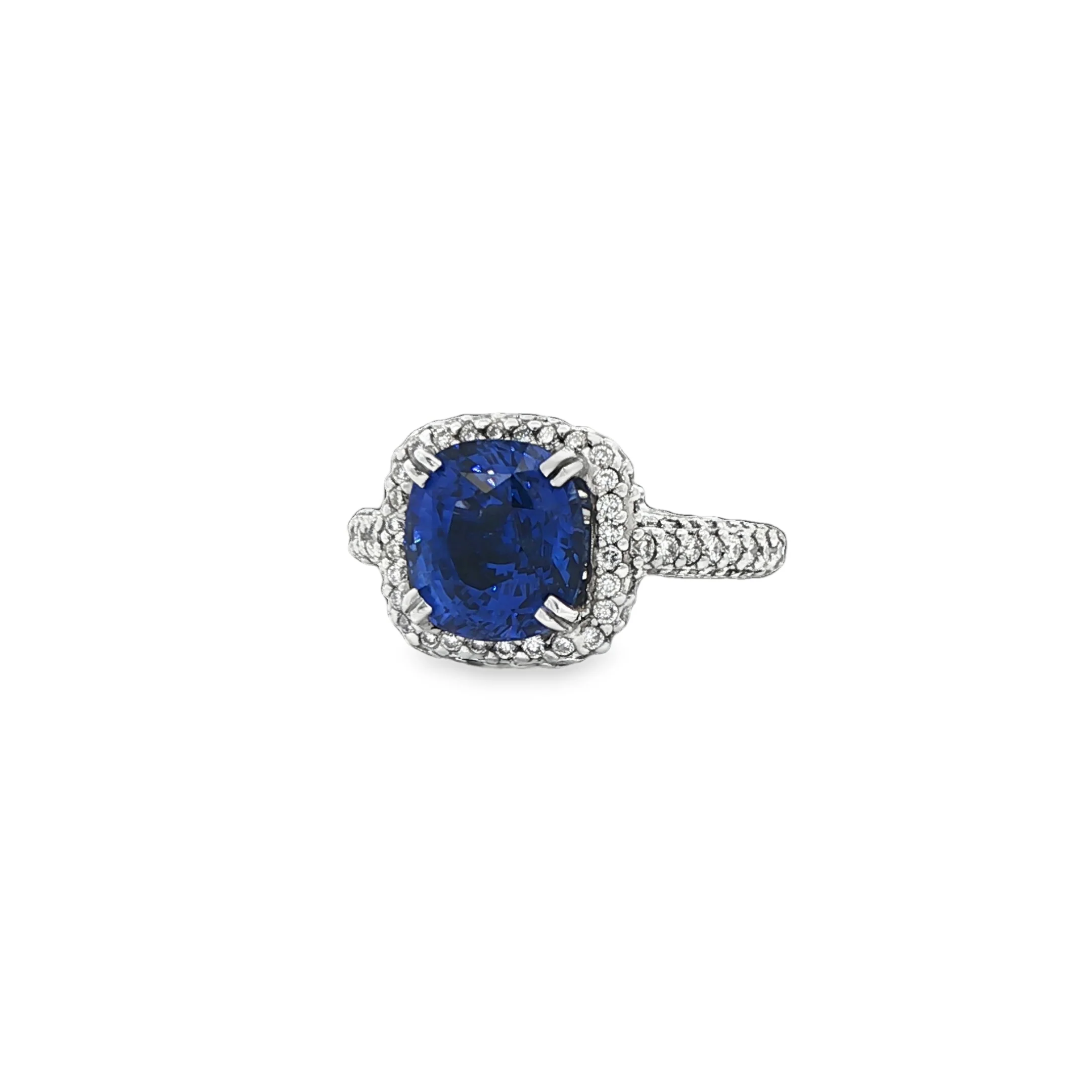 5.08CTW Cushion Cut Blue Sapphire 1.25CTW Diamond Halo Cocktail Ring set in 18K White Gold - Image 2