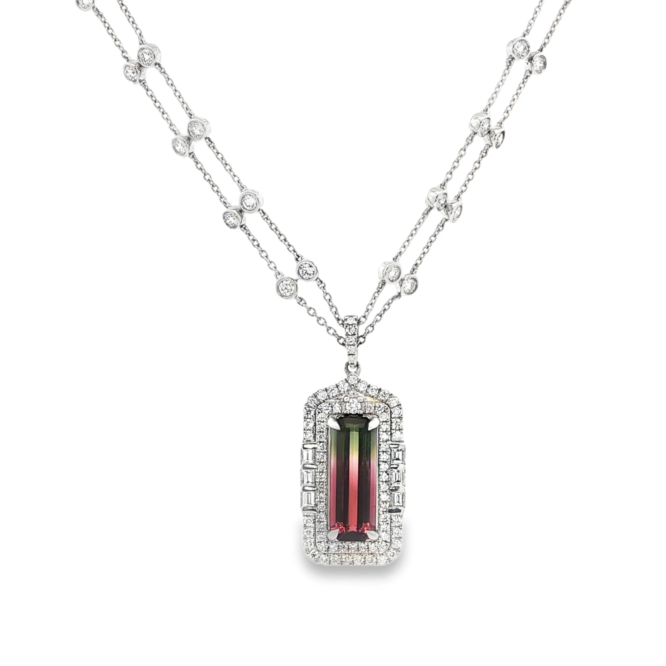 5.08CTW Emerald Cut Bi-Color Tourmaline with 2.33CTW Diamond Halo Pendant & Chain set in Platinum
