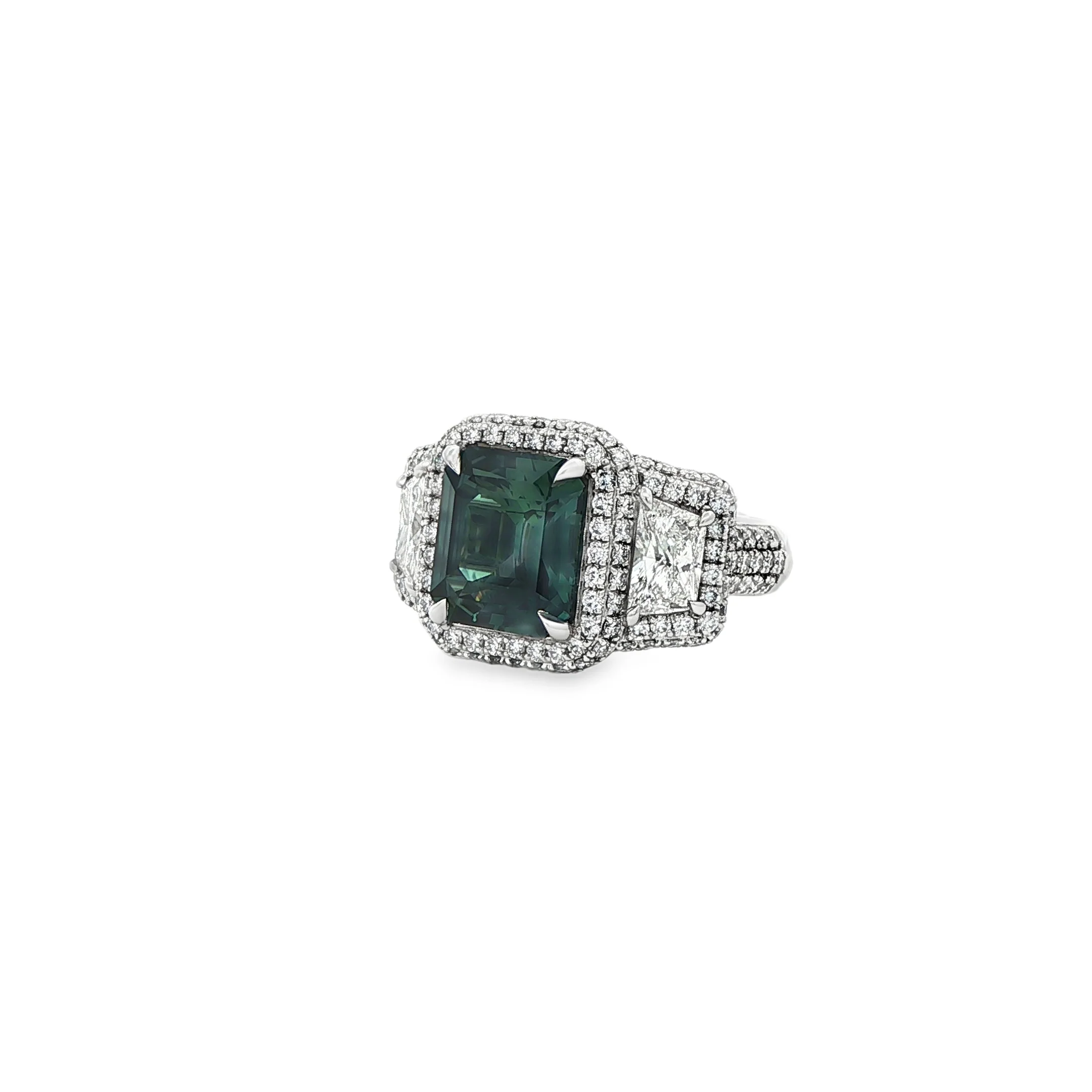 5.10 ct Teal Sapphire & Diamond Triple-Halo Ring in Platinum - Image 2