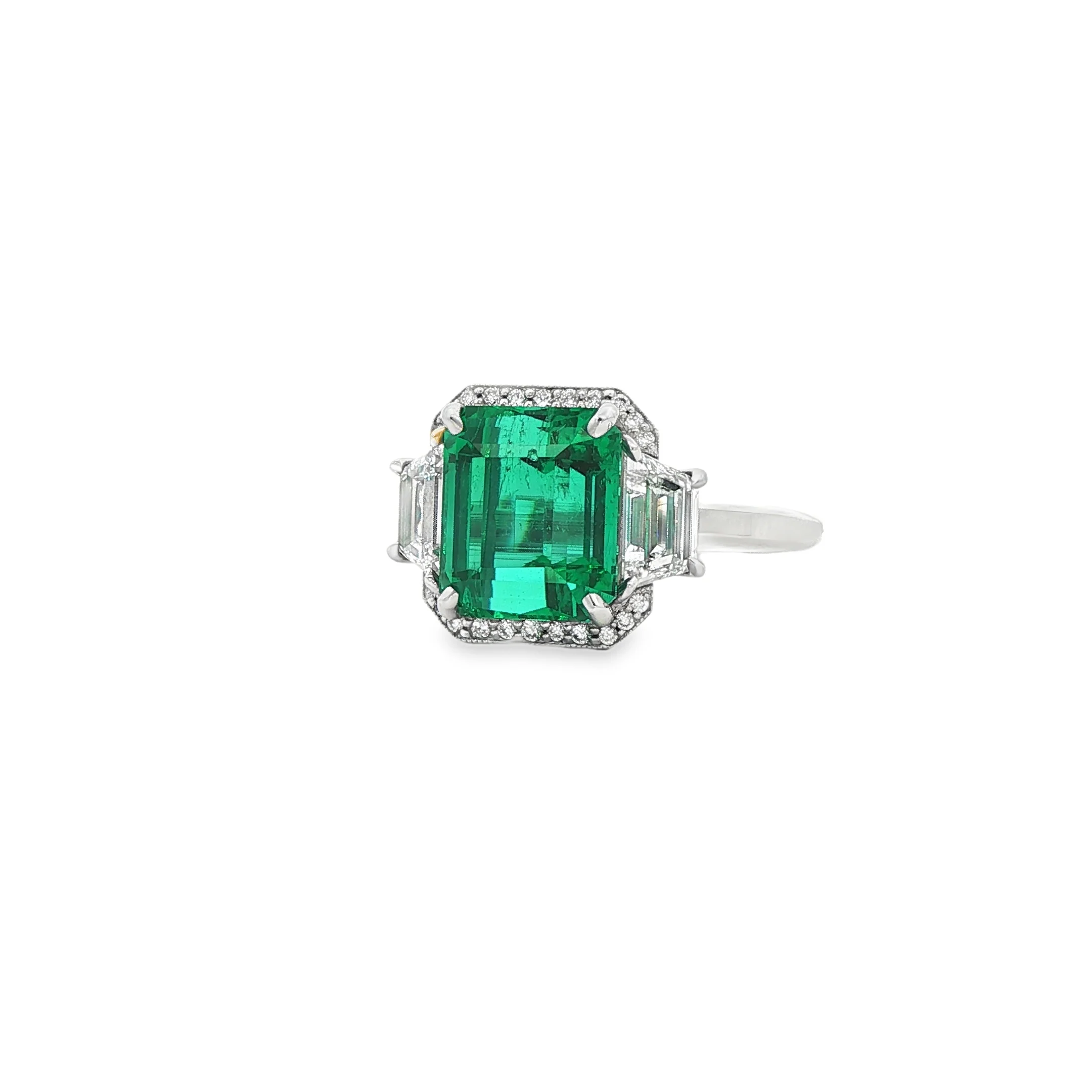 5.46CTW Emerald Cut Emerald with 1.20CTW Diamond Halo Cocktail Ring in Platinum - Image 2