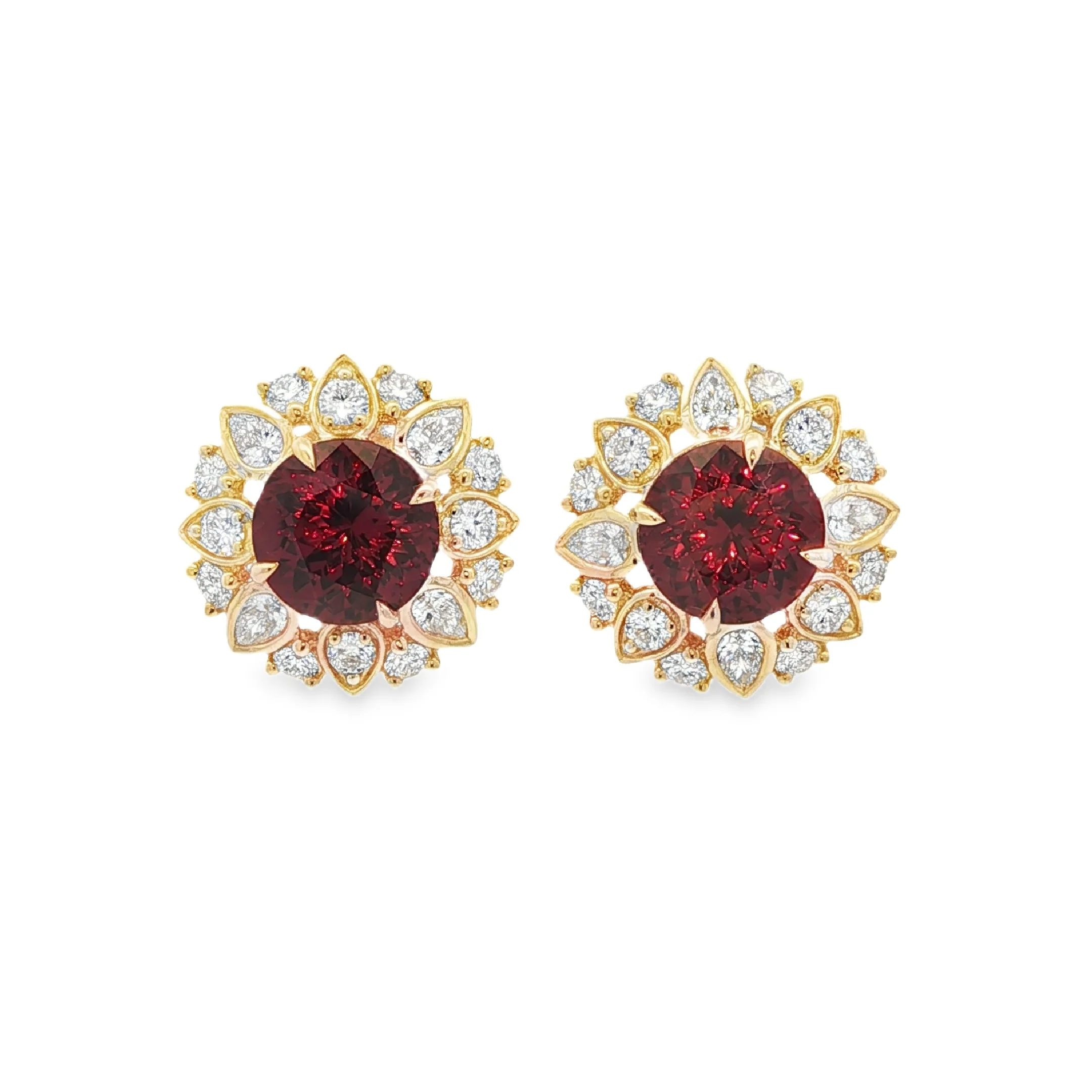 5.48CTW Round Umbalite Garnet with 1.29CTW Pear & Round Diamond Halo Stud Earrings set in 14K Yellow Gold - Image 2
