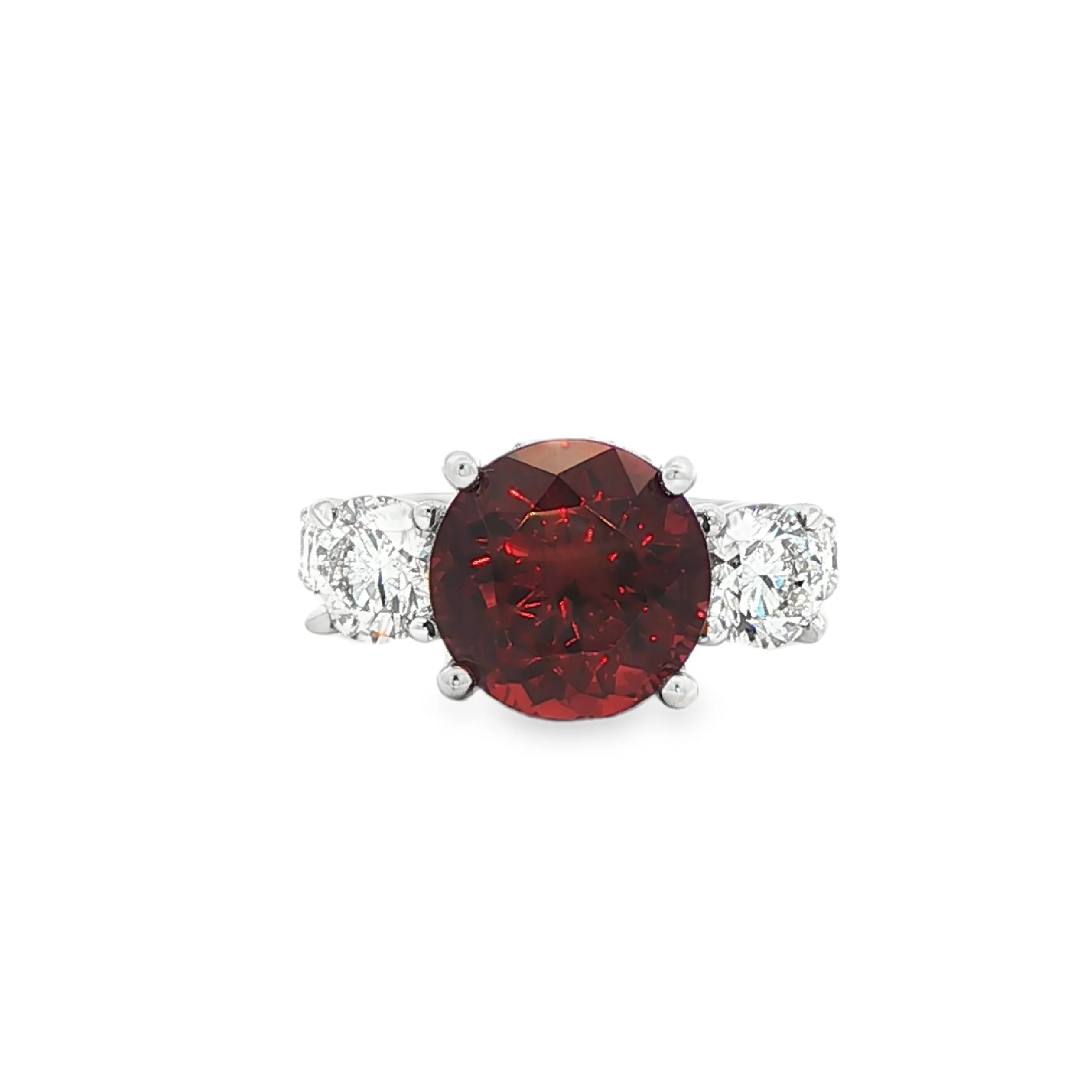 5.50CT Round Cut Rose Malaya Garnet with a 2.65CTW Diamond Side Stone Ring set in 18K White Gold