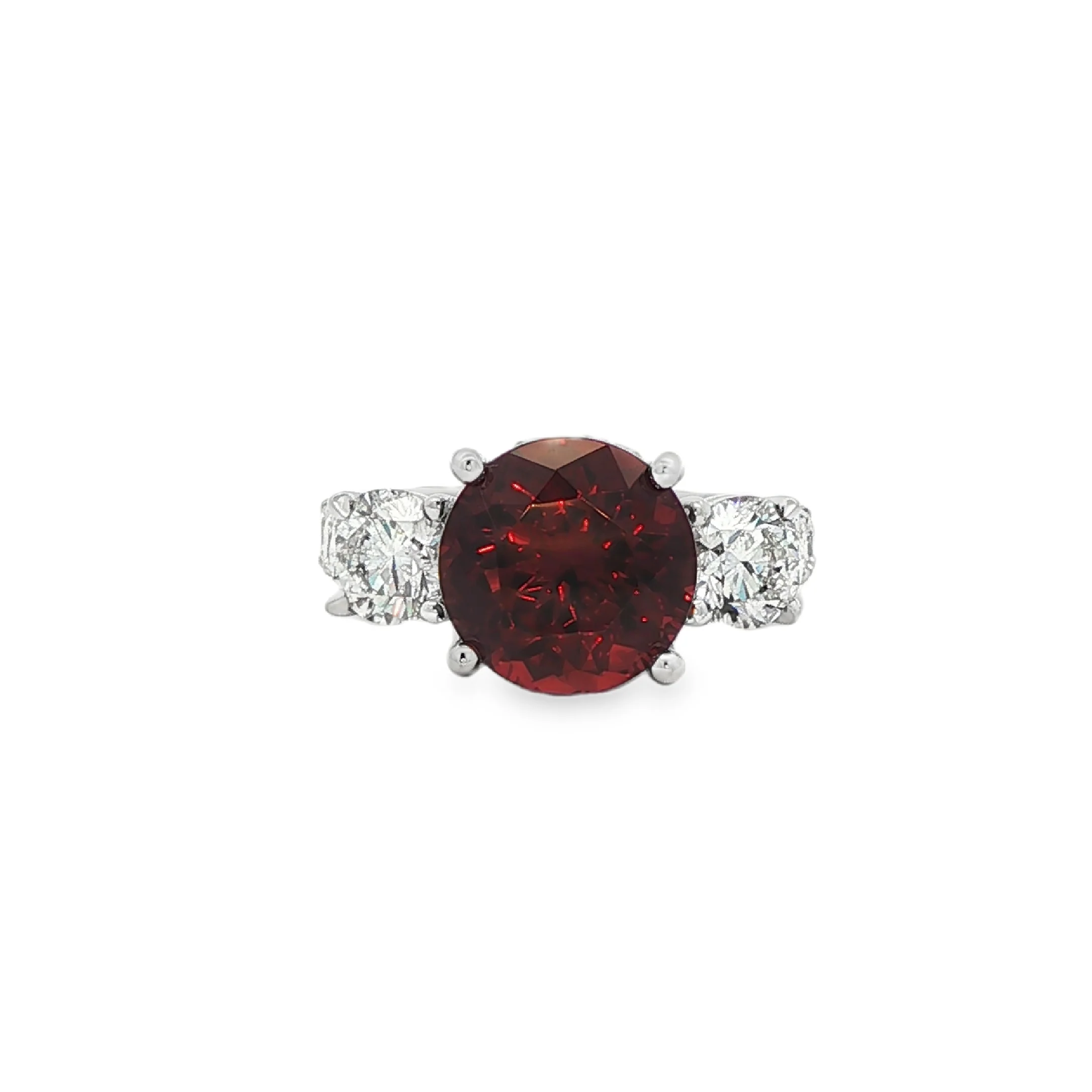 5.50CT Round Cut Rose Malaya Garnet with a 2.65CTW Diamond Side Stone Ring set in 18K White Gold - Image 2