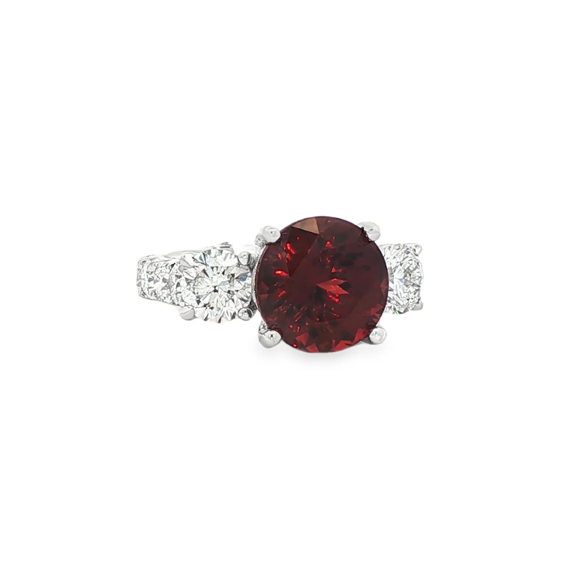 5.50CT Round Cut Rose Malaya Garnet with a 2.65CTW Diamond Side Stone Ring set in 18K White Gold - Image 3