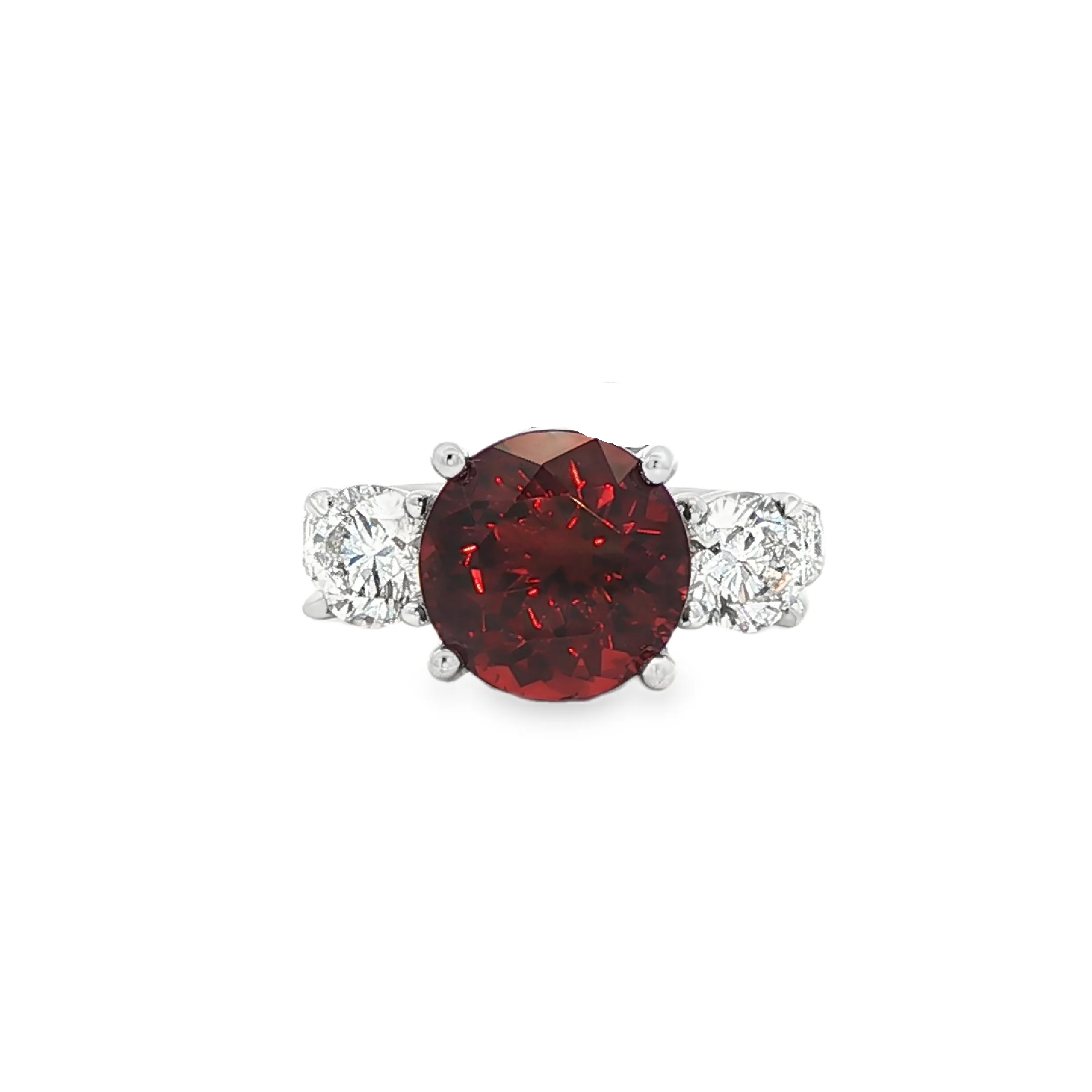 5.50CT Round Cut Rose Malaya Garnet with a 2.65CTW Diamond Side Stone Ring set in 18K White Gold - Image 4