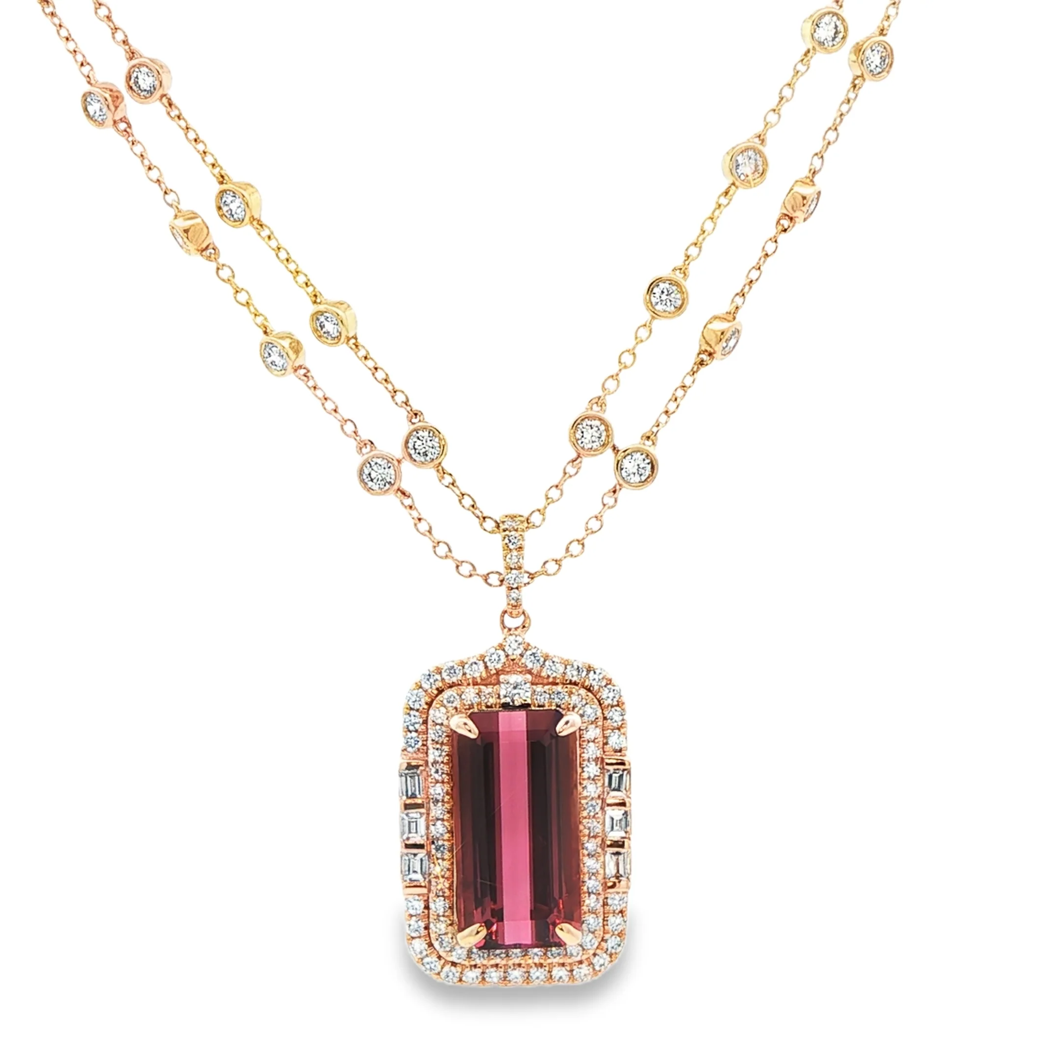 5.64CT Emerald Cut Rubellite with 2.33CTW Diamond Halo Pendant Necklace set in 14K Yellow Gold - Image 2