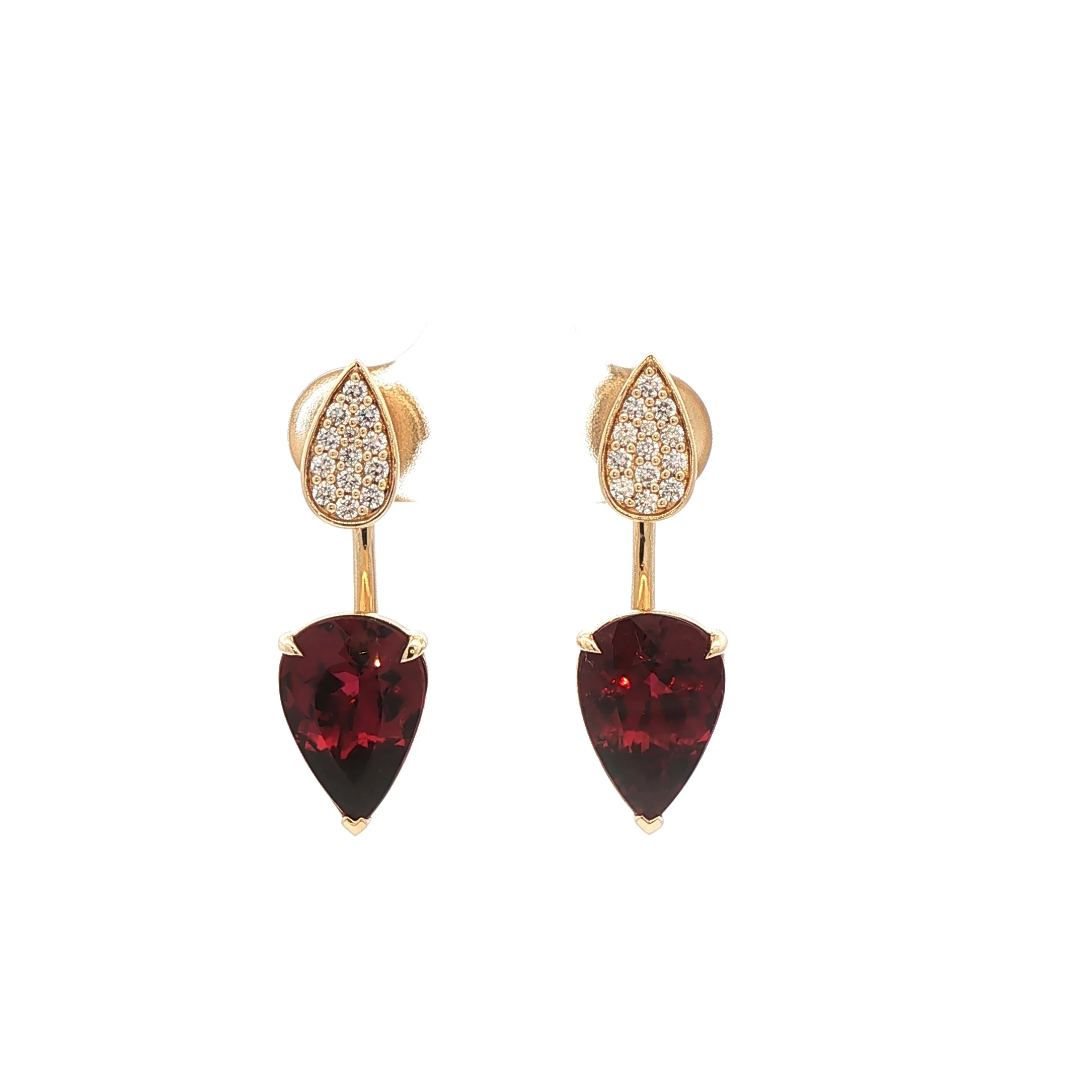 6.34CTW Pear Shaped Rubellite Tourmaline with 0.28CTW Diamond Earrings set in 14K Yellow Gold