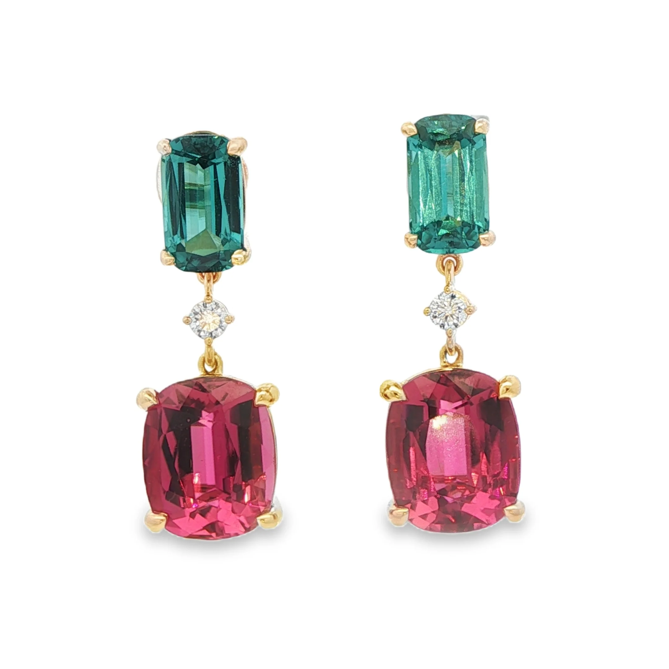 8.92CT Cushion Cut Rubellite Tourmaline & 3.40CT Cushion Cut Royal Indigo Tourmaline with .20CT Diamond Dangle Earrings set in 14K Yellow Gold