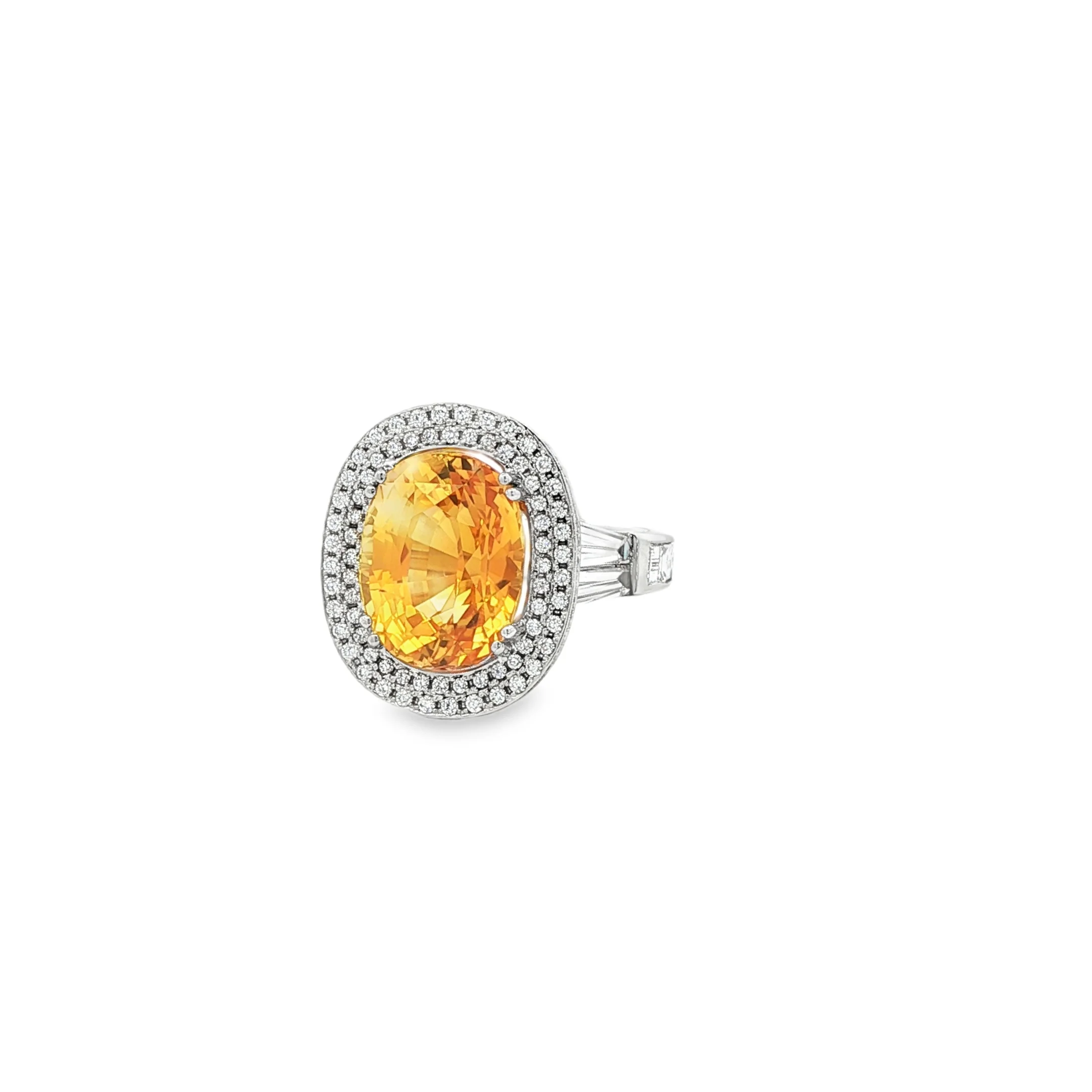 9.32CTW Oval Yellow Sapphire 2.81CTW HI/SI Two Row Halo & Baguette Diamond Cocktail Ring set in 18K White Gold - Image 2