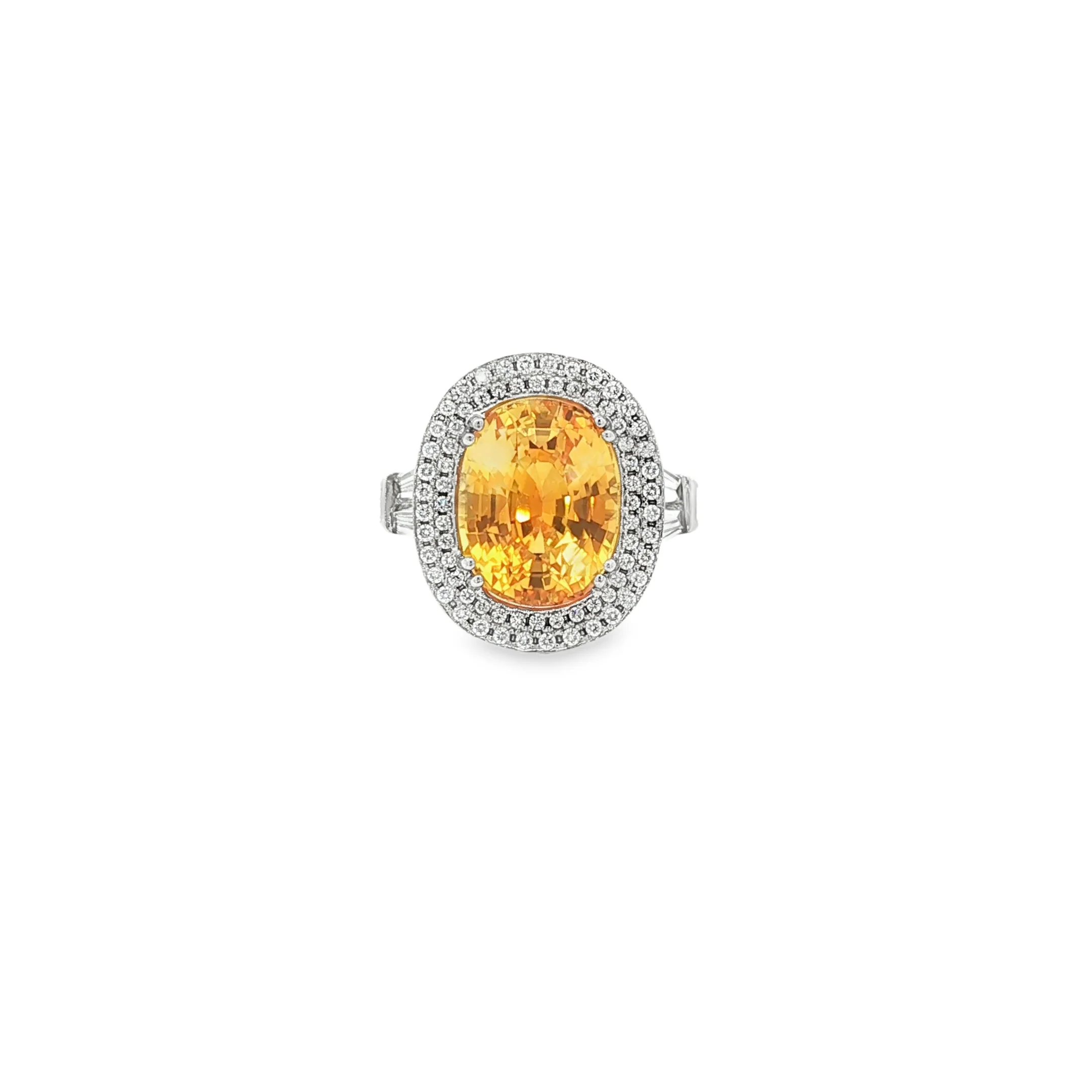 9.32CTW Oval Yellow Sapphire 2.81CTW HI/SI Two Row Halo & Baguette Diamond Cocktail Ring set in 18K White Gold - Image 3