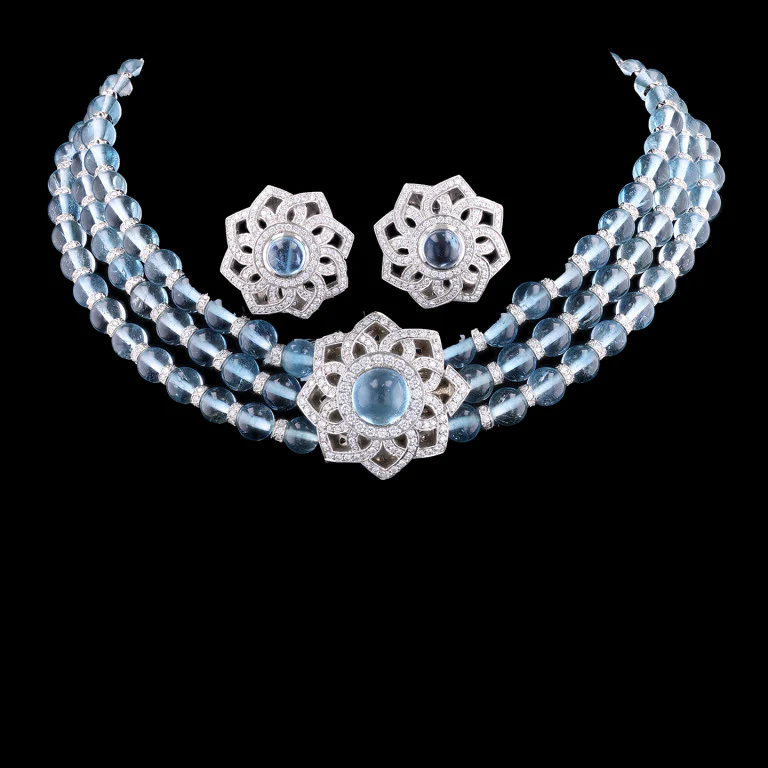 Aquamarine and Diamond Necklace & Earring Suite 15" X 25.97mm