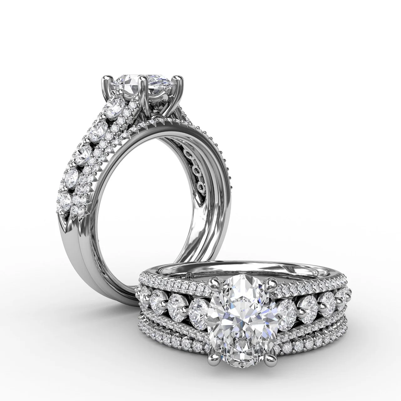 FANA Classic Oval Diamond Solitaire Engagement Ring Setting With Triple-Row Diamond Band - Image 4