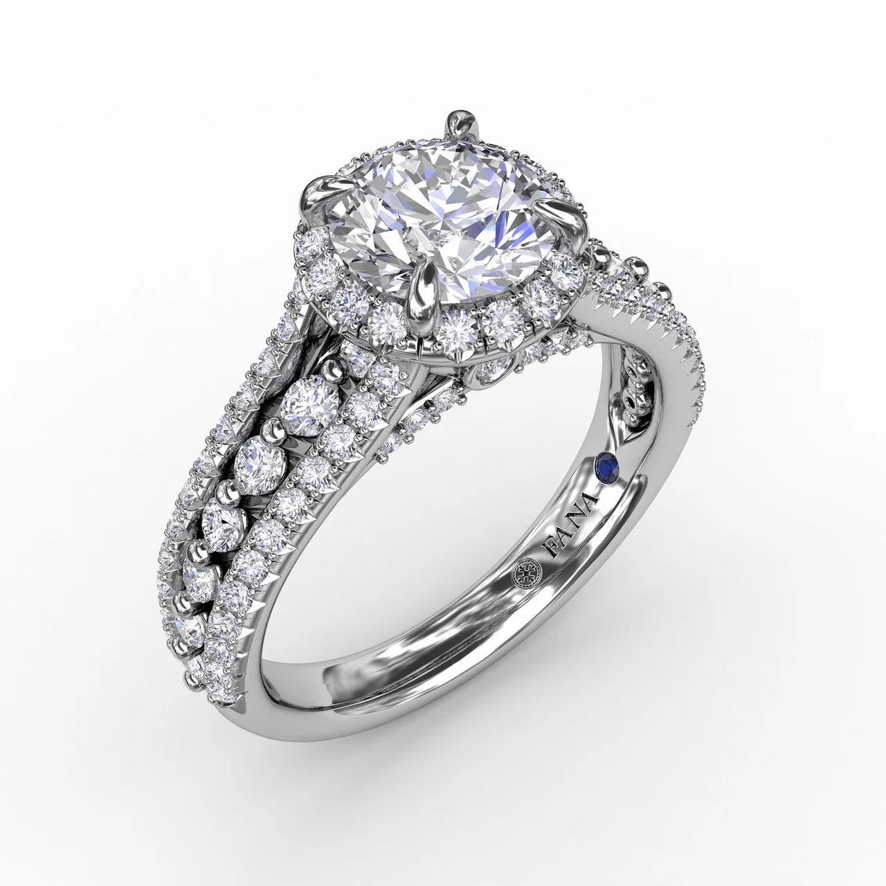 FANA Classic Round Diamond Halo Engagement Ring Setting With Triple-Row Diamond Band