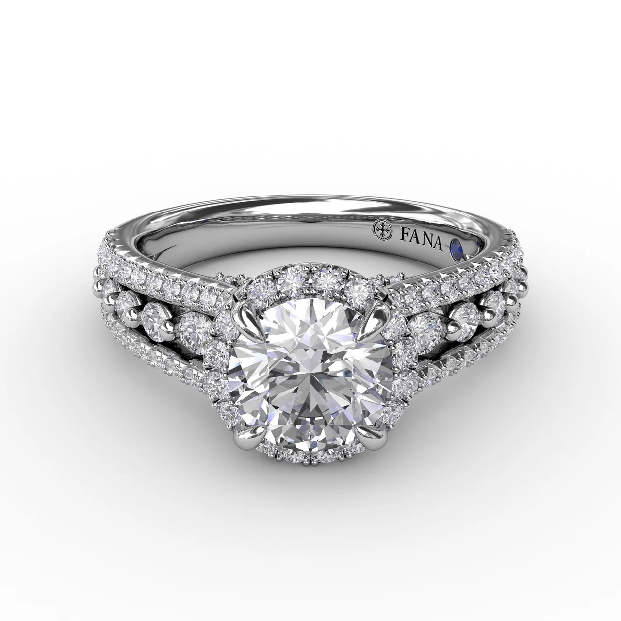 FANA Classic Round Diamond Halo Engagement Ring Setting With Triple-Row Diamond Band - Image 3