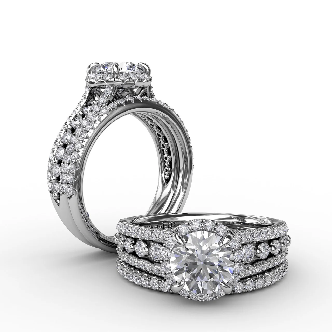 FANA Classic Round Diamond Halo Engagement Ring Setting With Triple-Row Diamond Band - Image 4