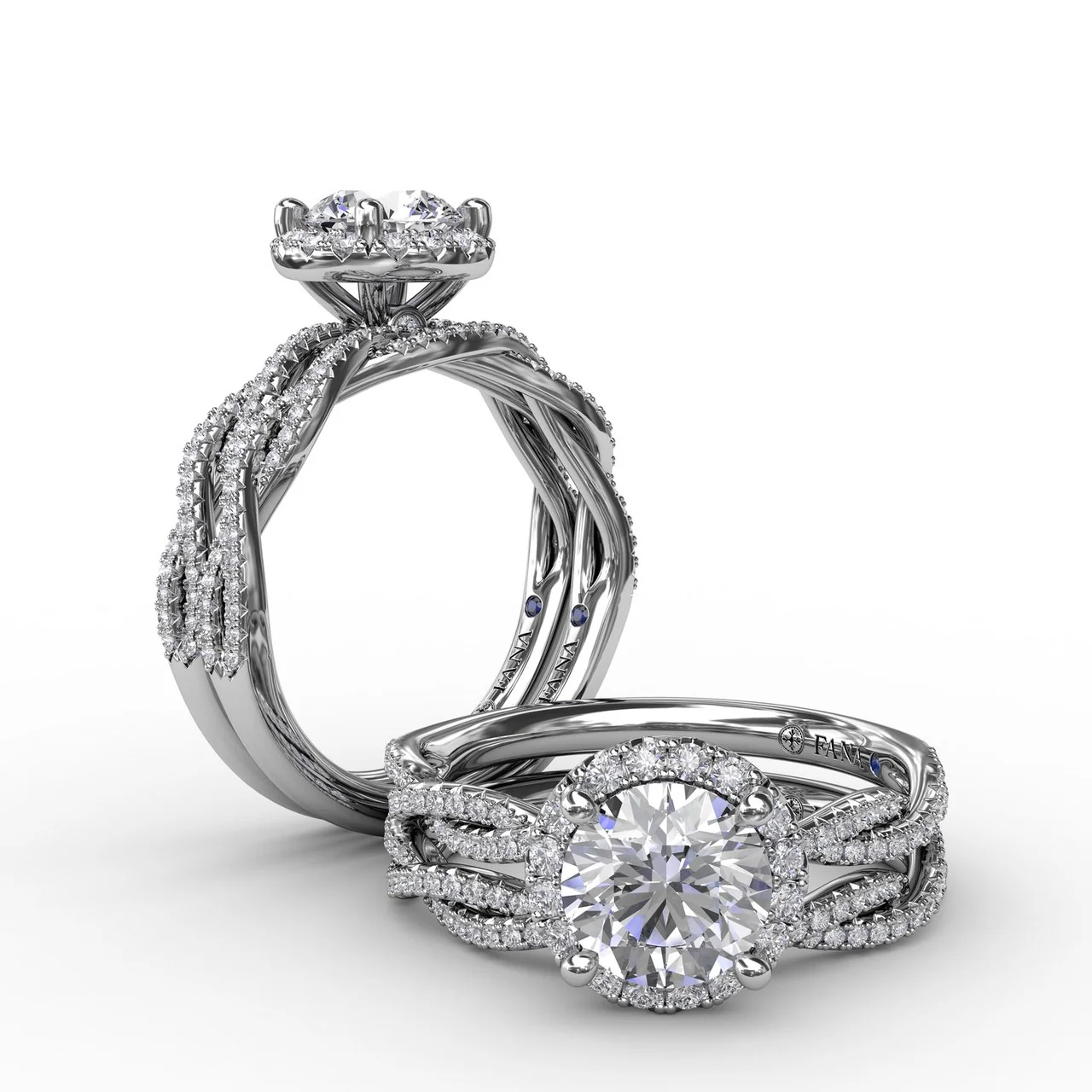 FANA Classic Round Diamond Halo Engagement Ring Setting With Twist Diamond Band - Image 4