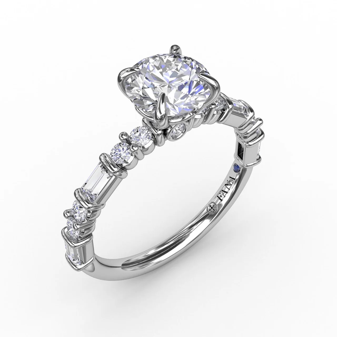 FANA Contemporary Diamond Solitaire Engagement Ring Setting With Baguettes and Round Diamond Accents