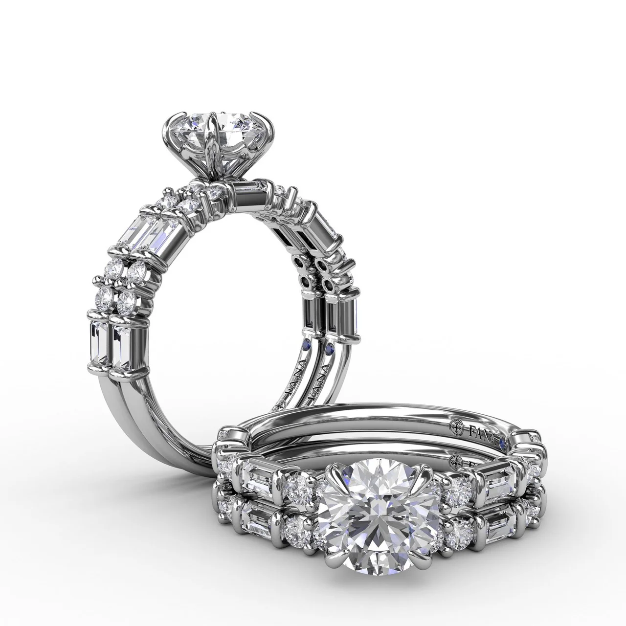 FANA Contemporary Diamond Solitaire Engagement Ring Setting With Baguettes and Round Diamond Accents - Image 4