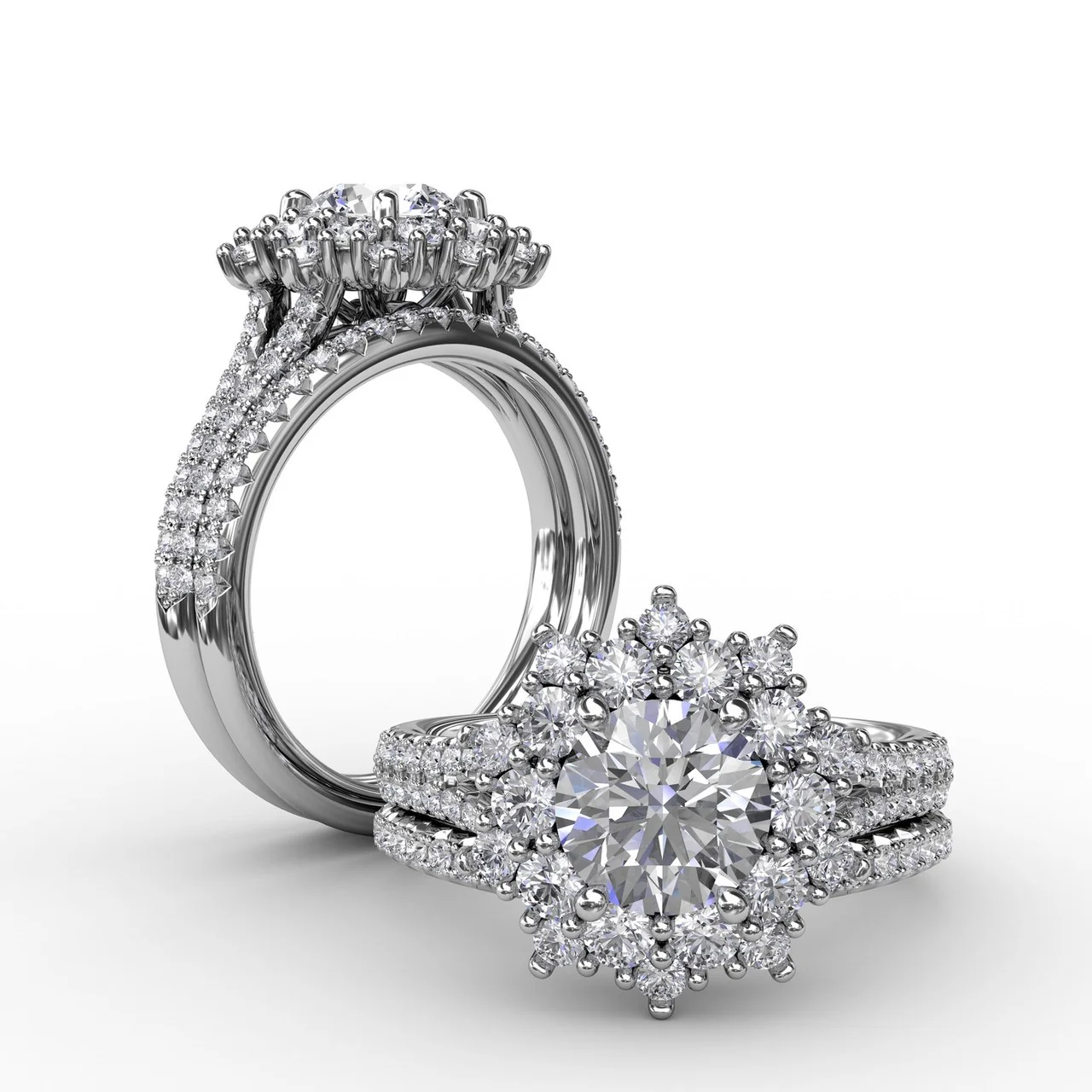FANA Contemporary Floral Halo Engagement Ring Setting With Double-Row Pavé Band - Image 4