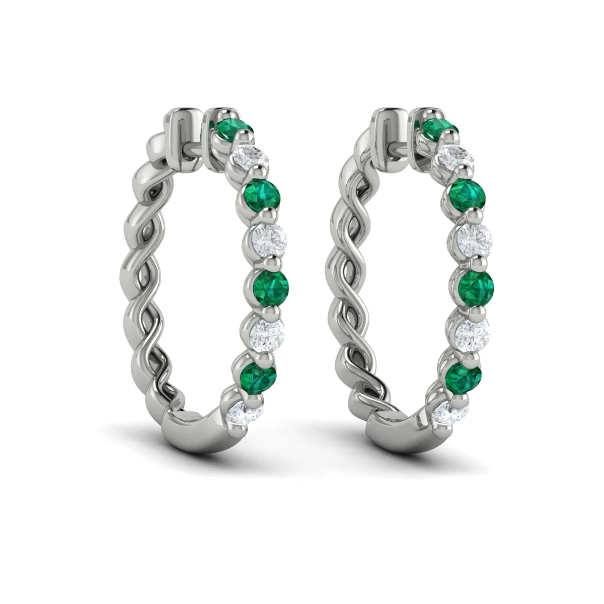 Vlora Adella 14K Gold Diamond and Emerald Twist Huggie Hoop Earrings (Diamond 0.36CTW, Emerald 0.43CTW ) - Image 3