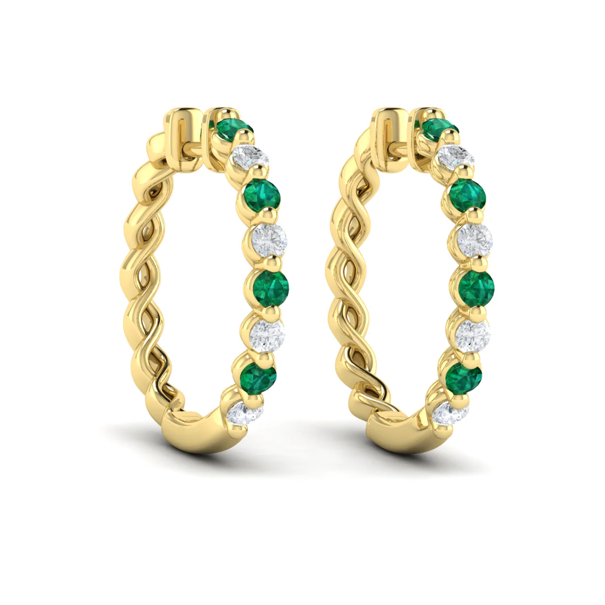 Vlora Adella 14K Gold Diamond and Emerald Twist Huggie Hoop Earrings (Diamond 0.36CTW, Emerald 0.43CTW ) - Image 6