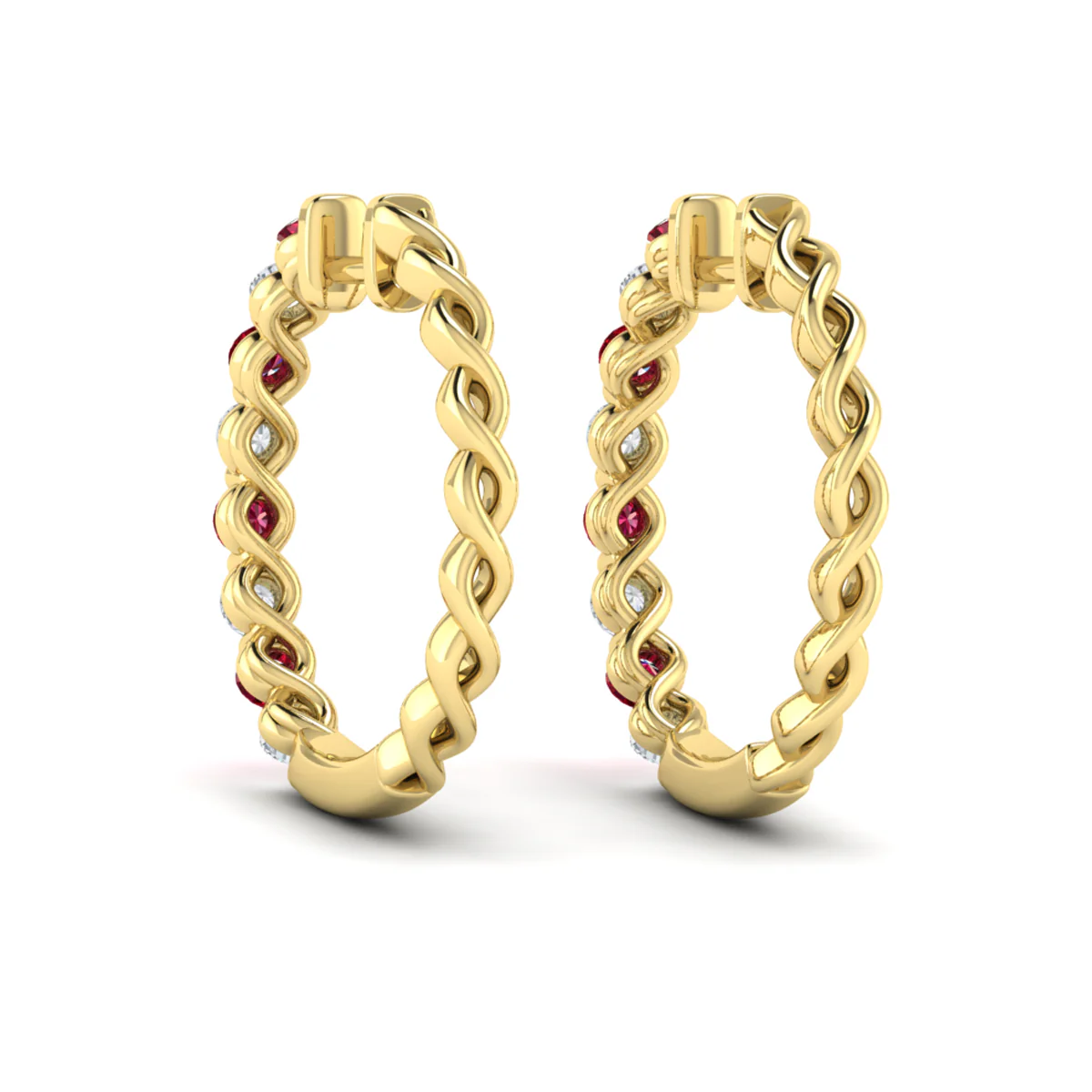 Vlora Adella 14K Gold Diamond and Ruby Twist Huggie Hoop Earrings (Diamond 0.36CTW, Ruby 0.52CTW ) - Image 5
